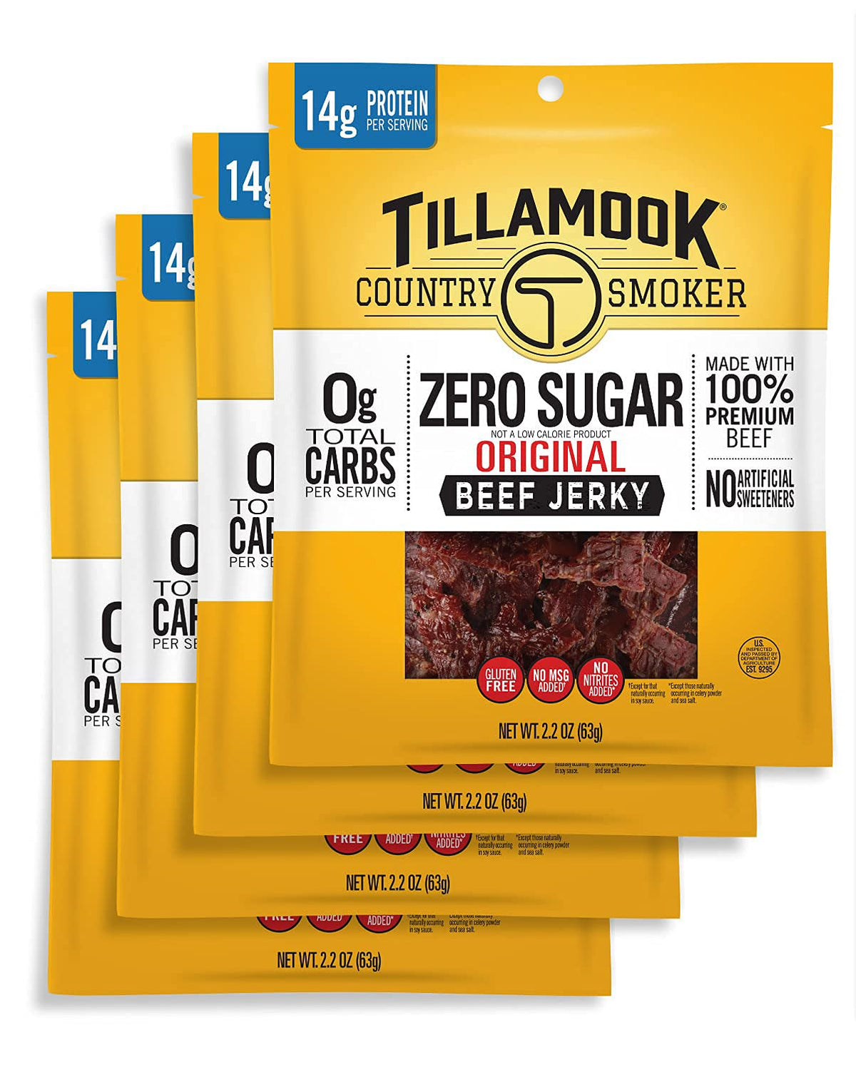 Tillamook Country Smoker original beef jerky 4-pack label shows keto-friendly zero sugar option.