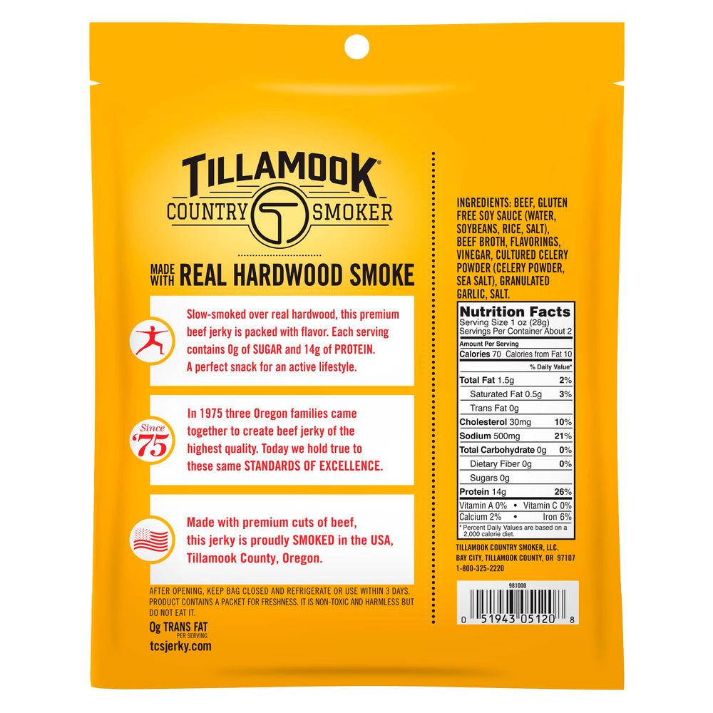 Tillamook Country Smoker original beef jerky 4-pack packaging highlights four convenient 2.2 oz bags.