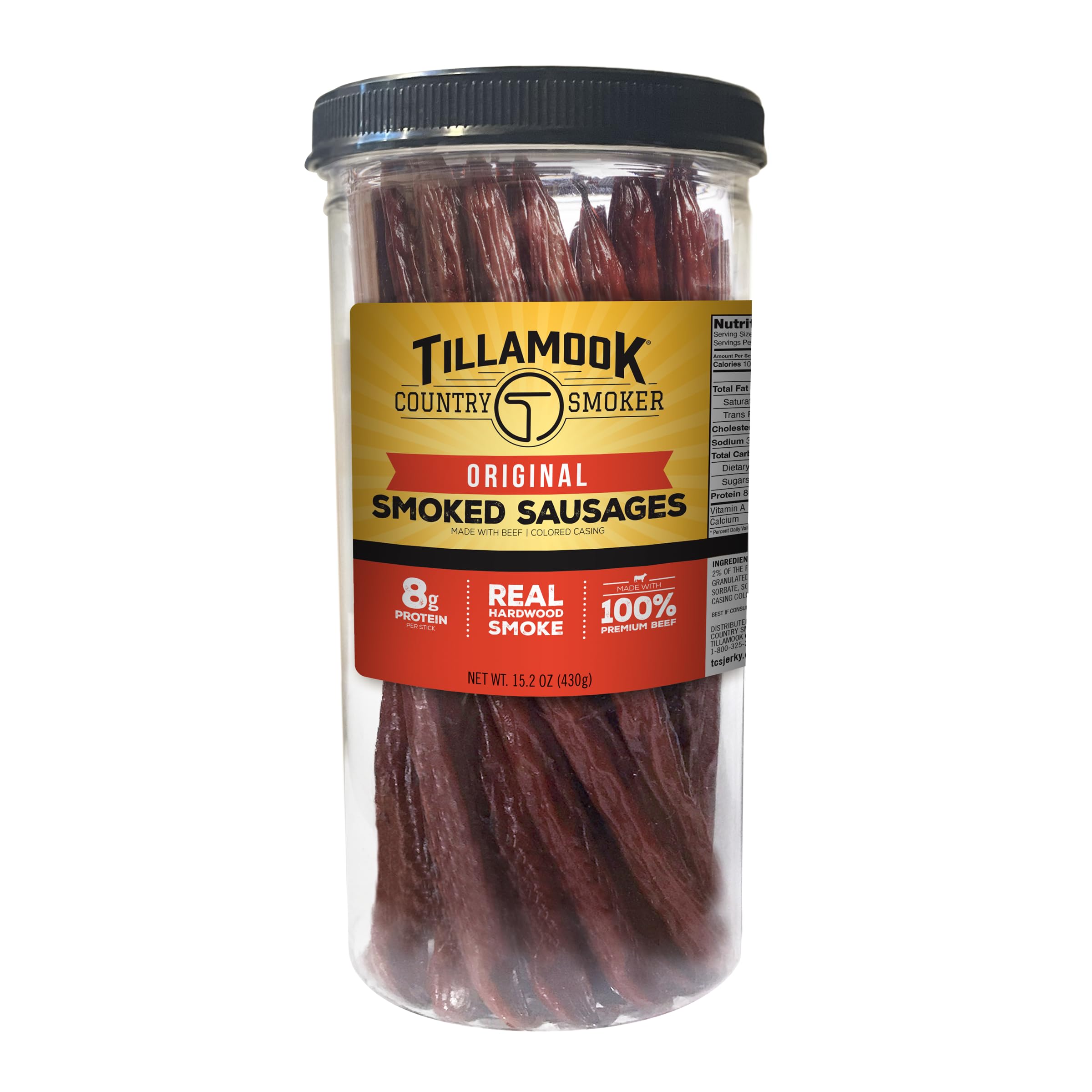 Tillamook Country Smoker Original Beef Smoked Sausages in a resealable jar for easy snacking