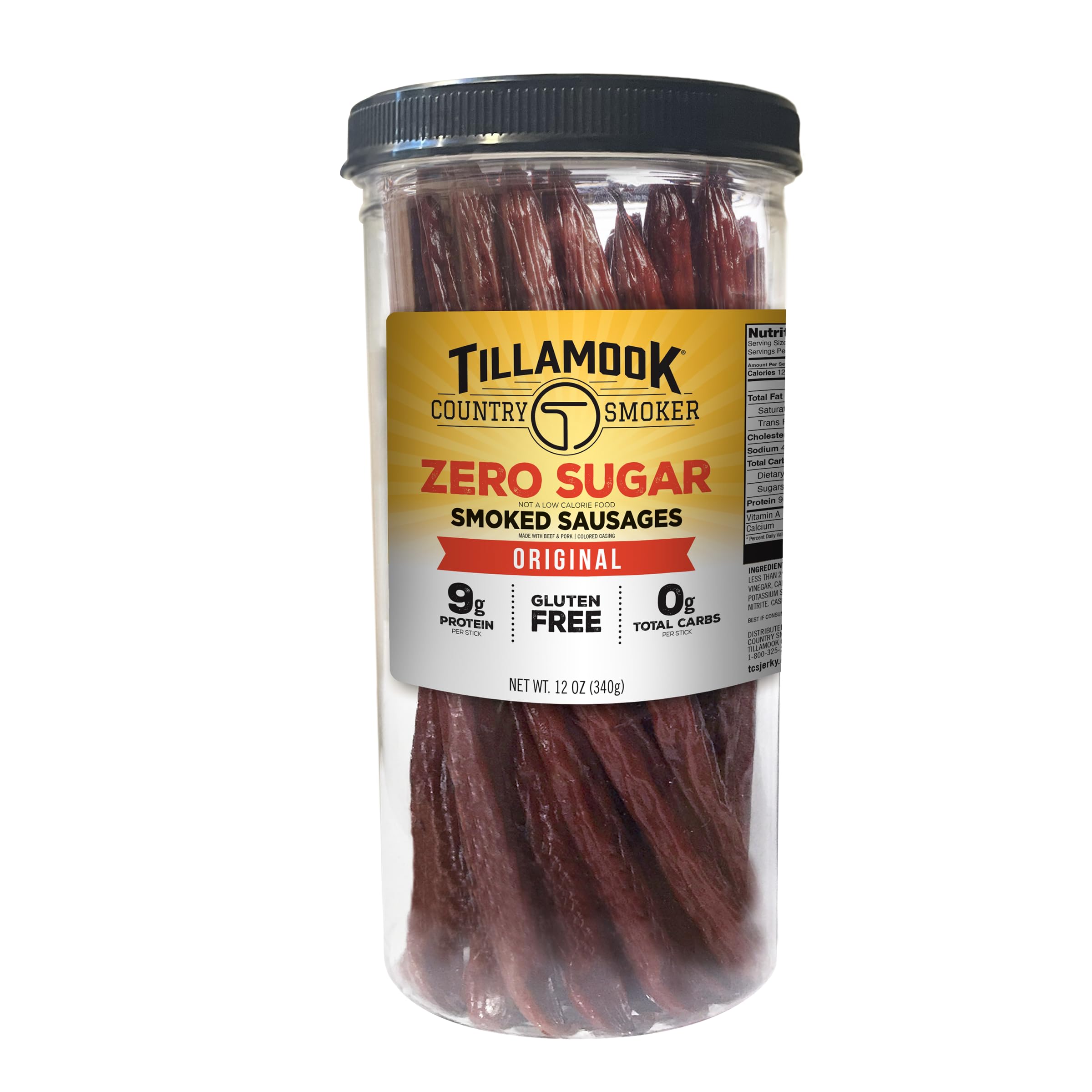 Tillamook Country Smoker original sausages in tall jar showing convenient snack format