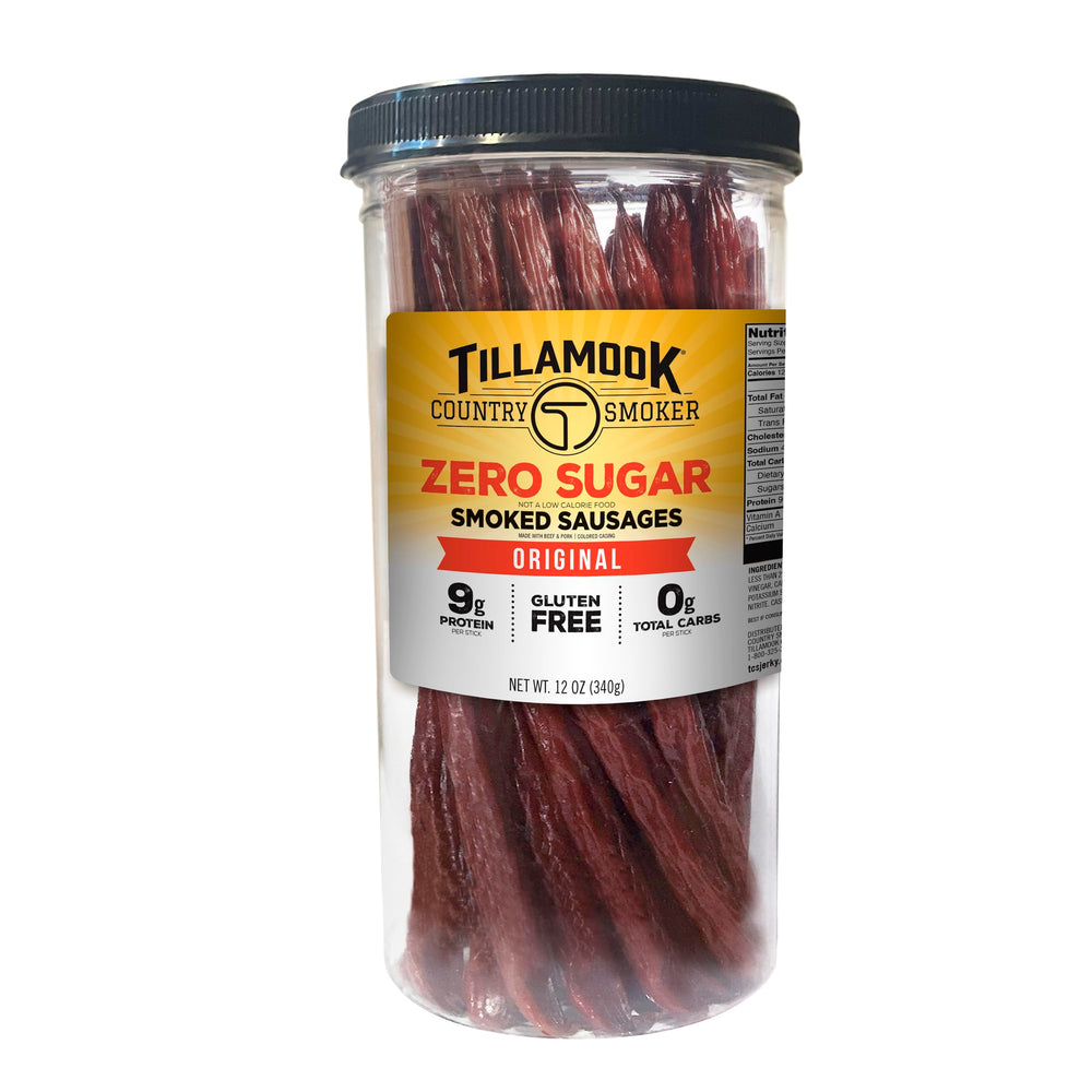 Tillamook Country Smoker original sausages in tall jar showing convenient snack format