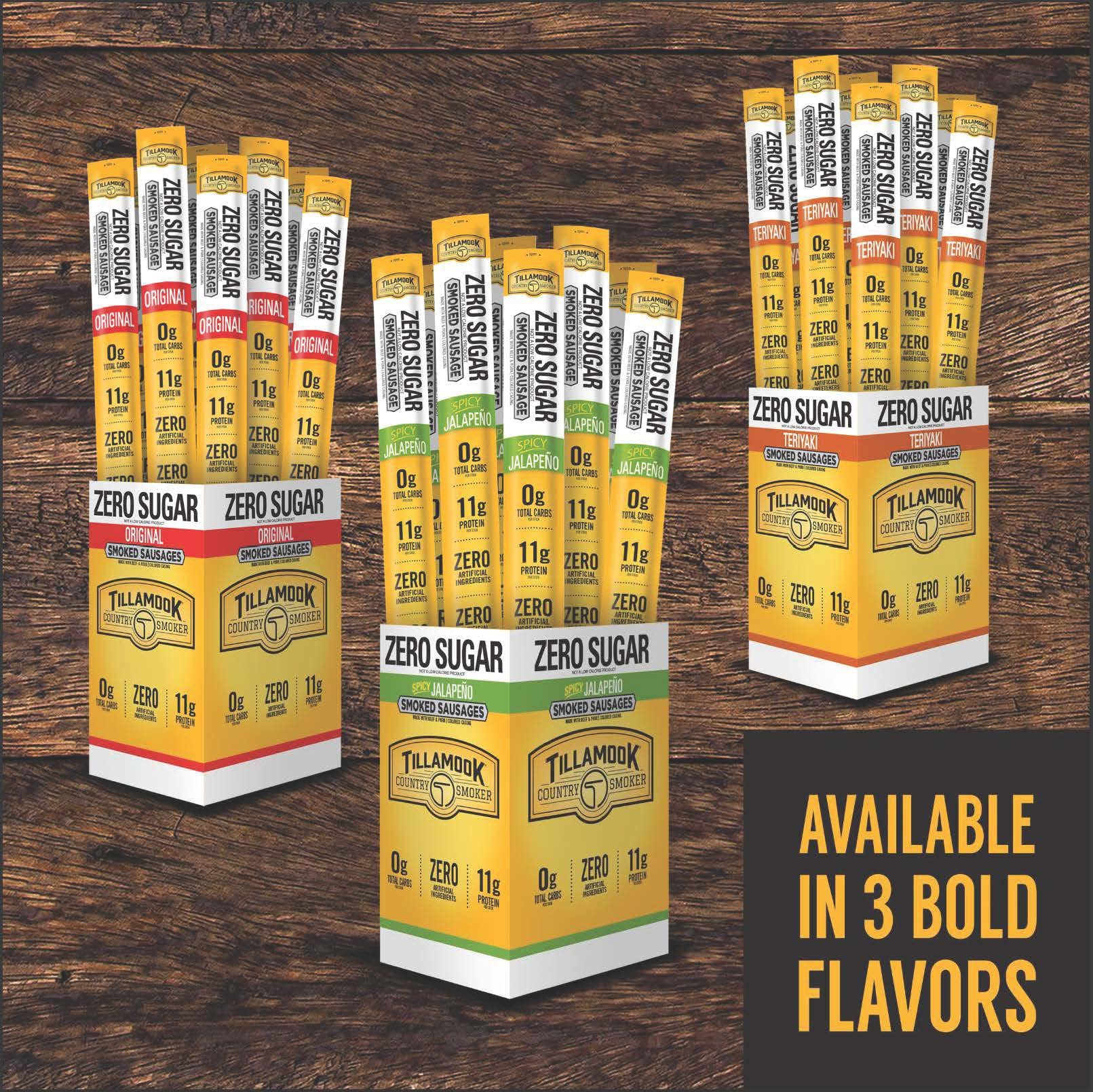 Close-up of smoked original sausage stick highlighting hardwood smoke flavor.