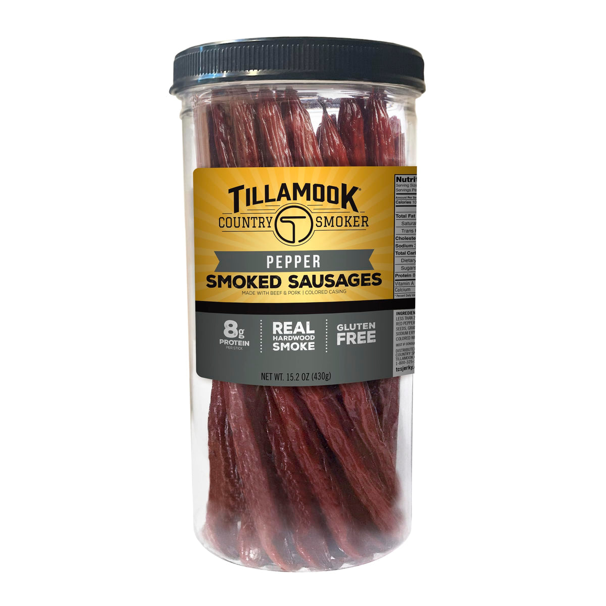 Tillamook Country Smoker pepper smoked sausages in a resealable jar ready for snacking