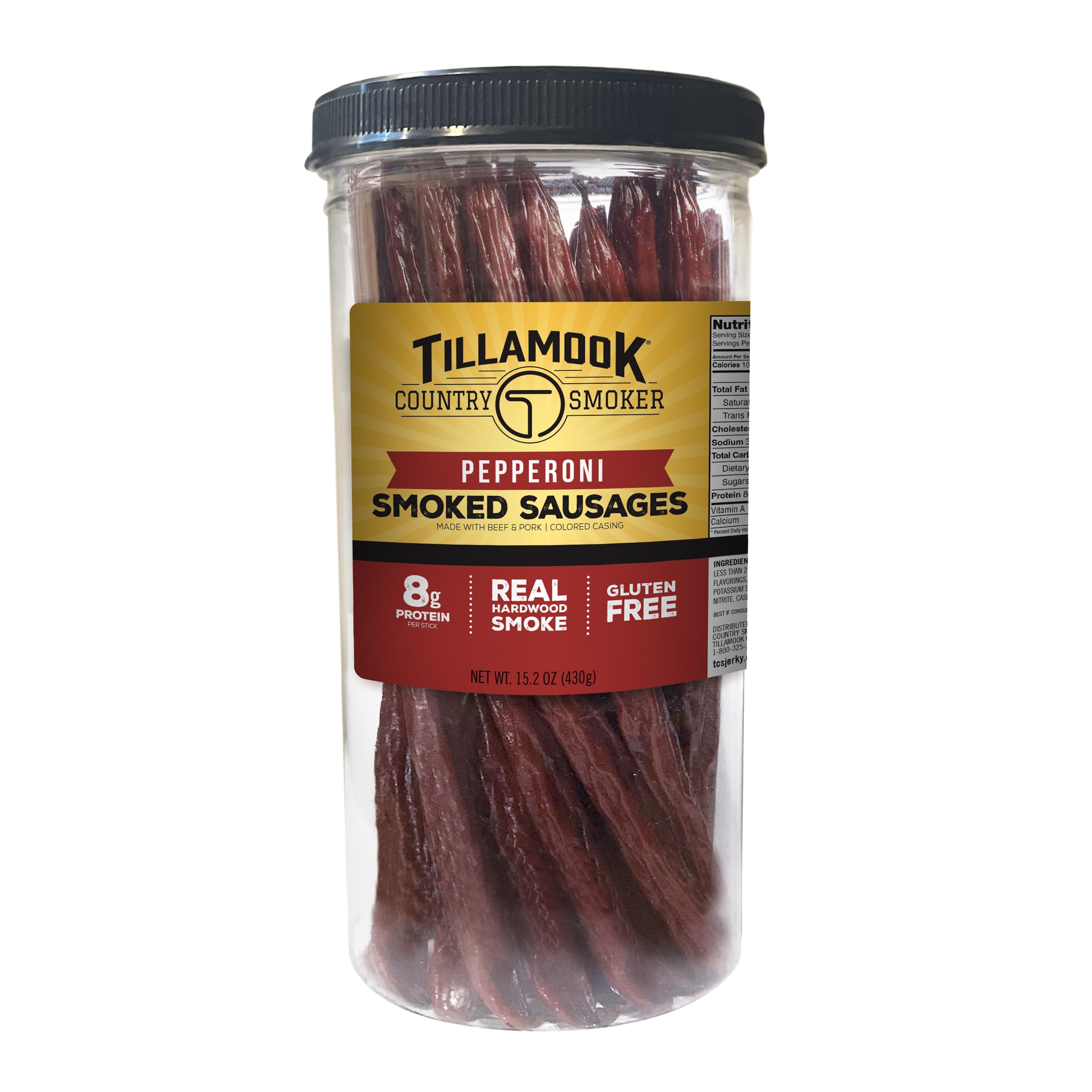 Tillamook Country Smoker pepperoni sausages in a resealable jar for easy snacking