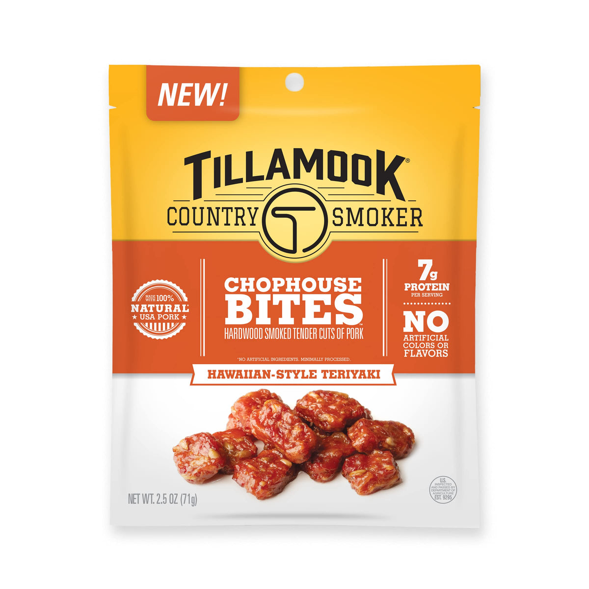 Tillamook Country Smoker pork jerky Hawaiian Teriyaki bites on the front pack, gluten-free snack