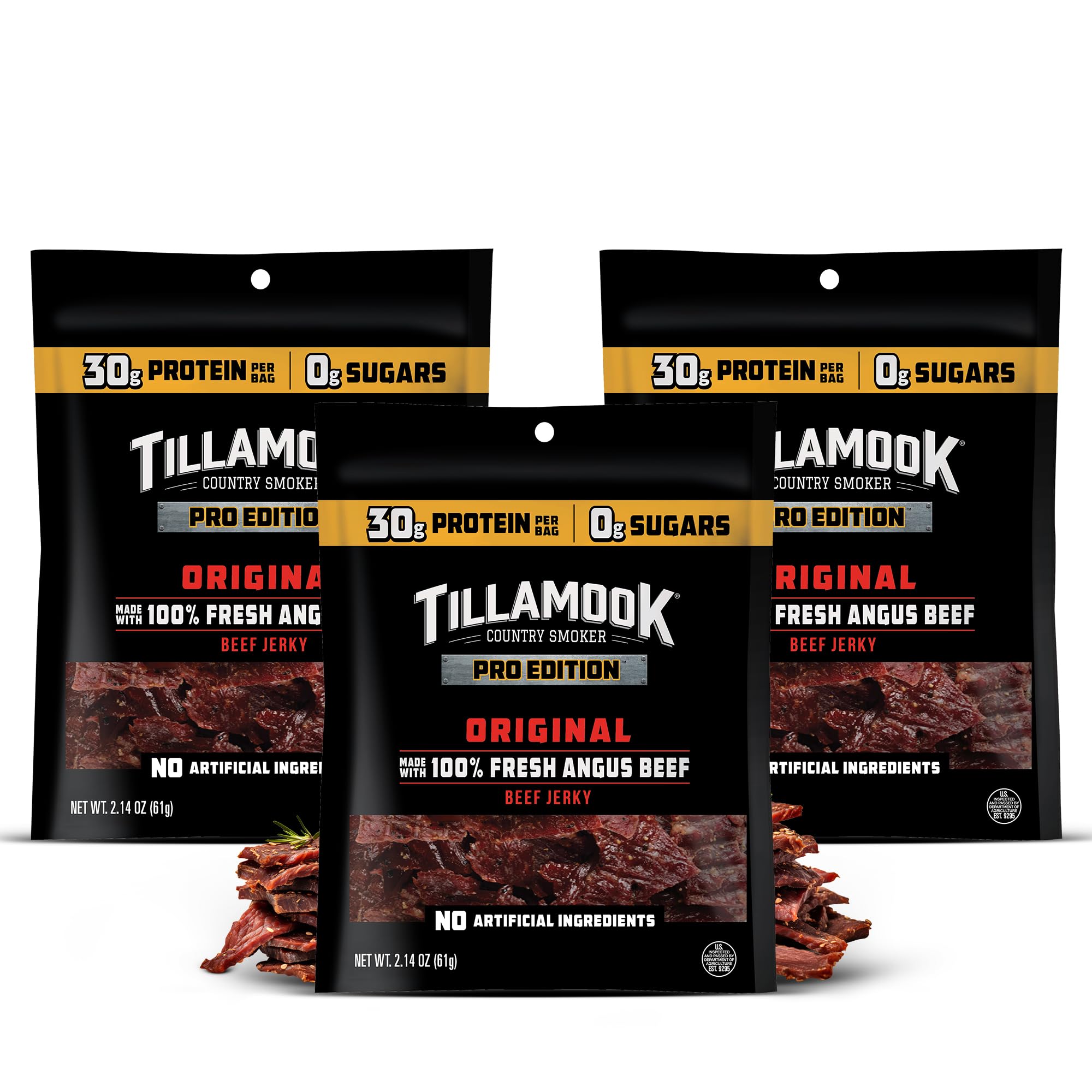 Tillamook Country Smoker PRO Edition zero sugar original beef jerky 3-pack, keto-friendly.