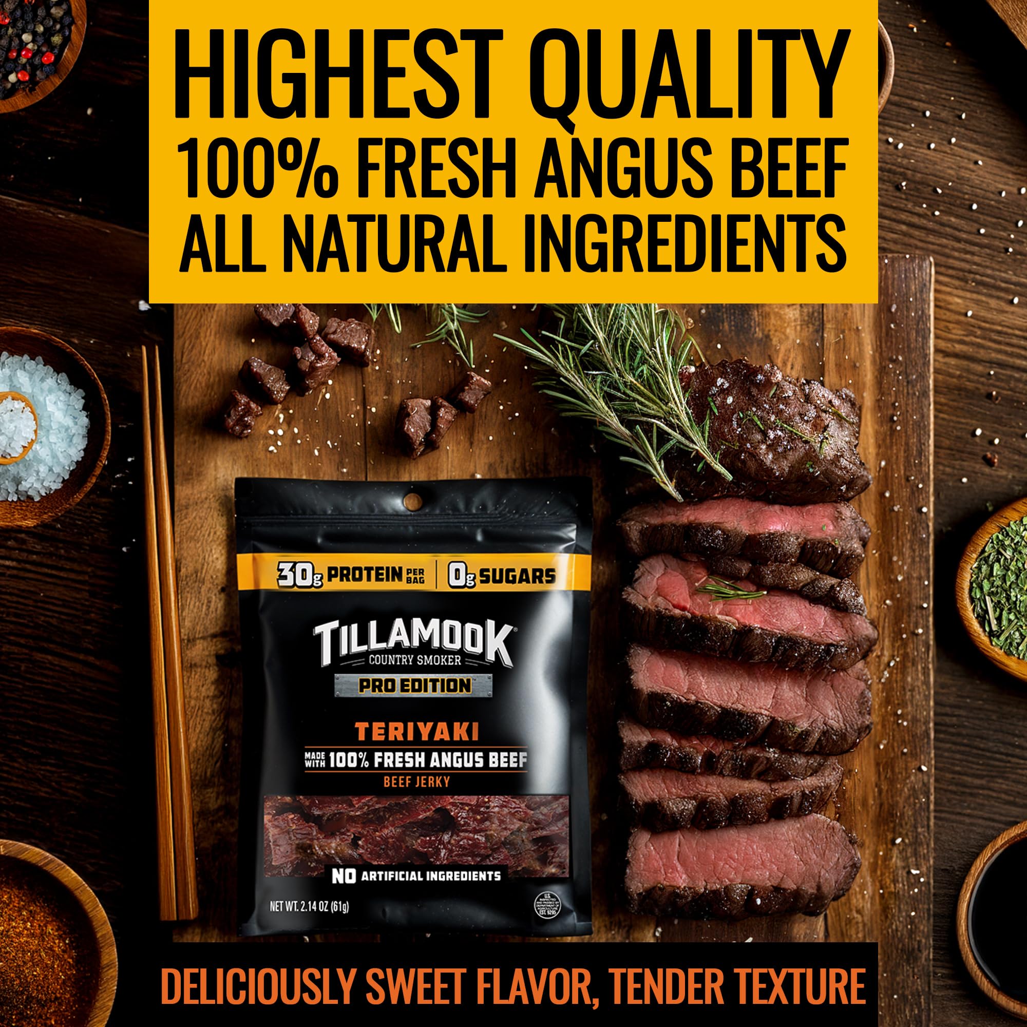 Gluten-free badge on Tillamook PRO Edition jerky packaging.