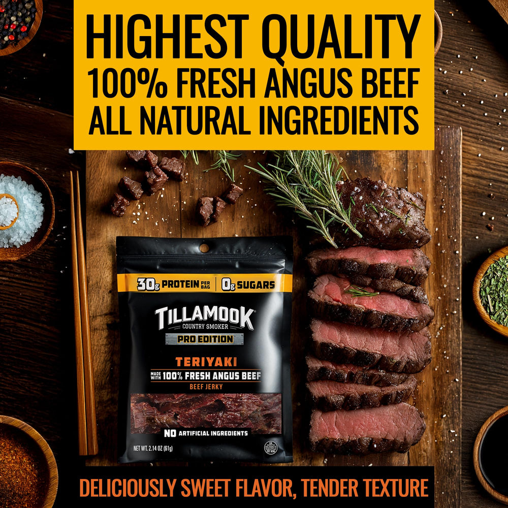 Gluten-free badge on Tillamook PRO Edition jerky packaging.