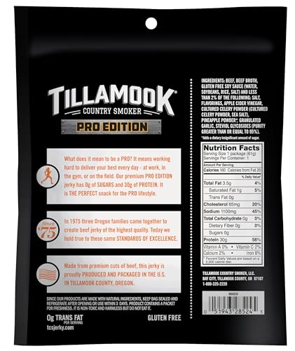 Nutrition facts for PRO Edition jerky highlighting 30g protein per bag.