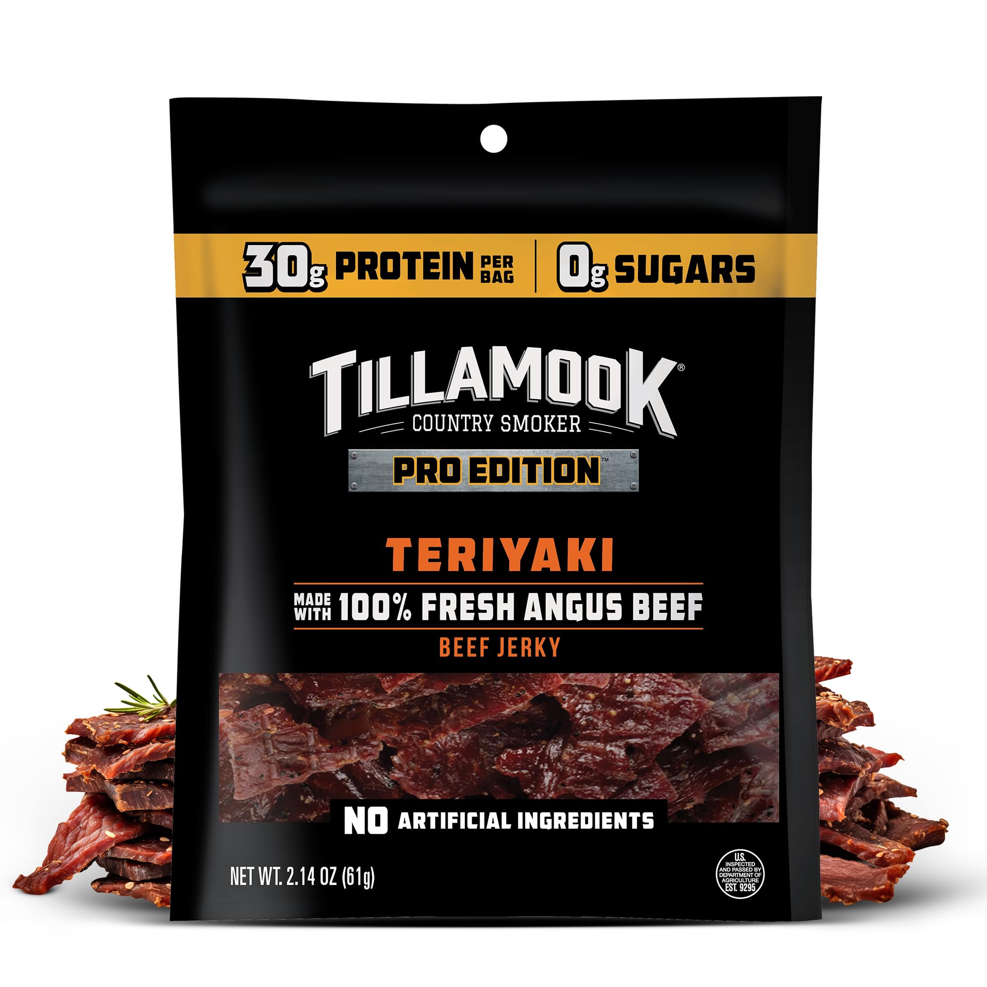 Tillamook Country Smoker PRO Edition Jerky Teriyaki front showcasing protein-rich snack.