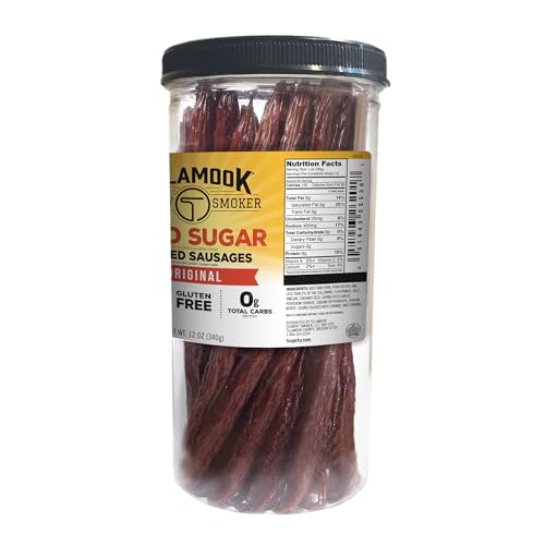 Closeup of smoked meat sticks with hardwood smoke flavor emphasis