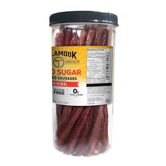 Closeup of smoked meat sticks with hardwood smoke flavor emphasis