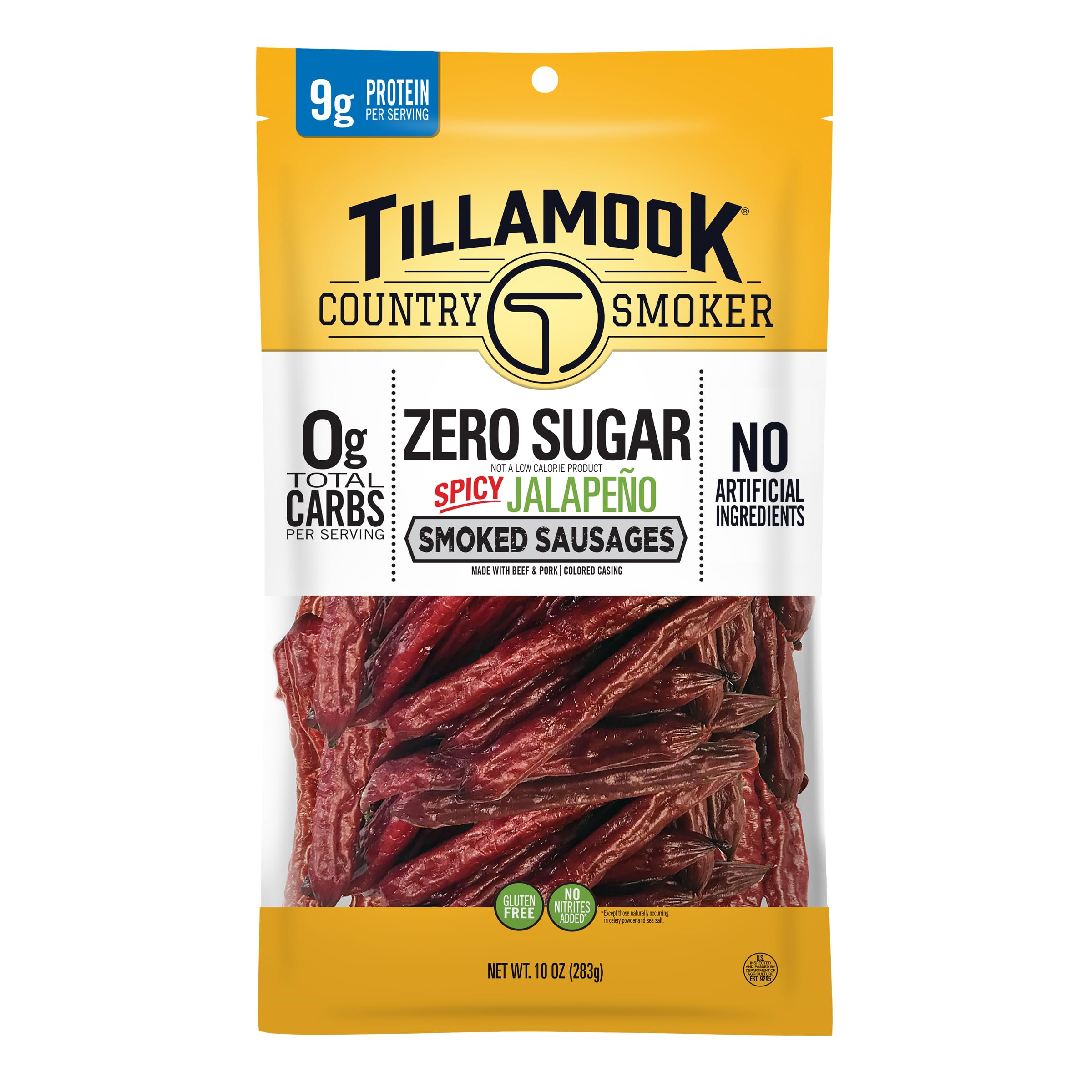 Tillamook Country Smoker Spicy Jalapeño meat stick bag with bold flavor and zero sugar.