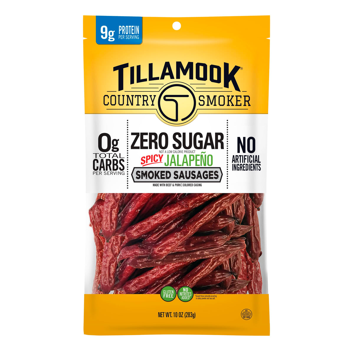Tillamook Country Smoker Spicy Jalapeño meat stick bag with bold flavor and zero sugar.
