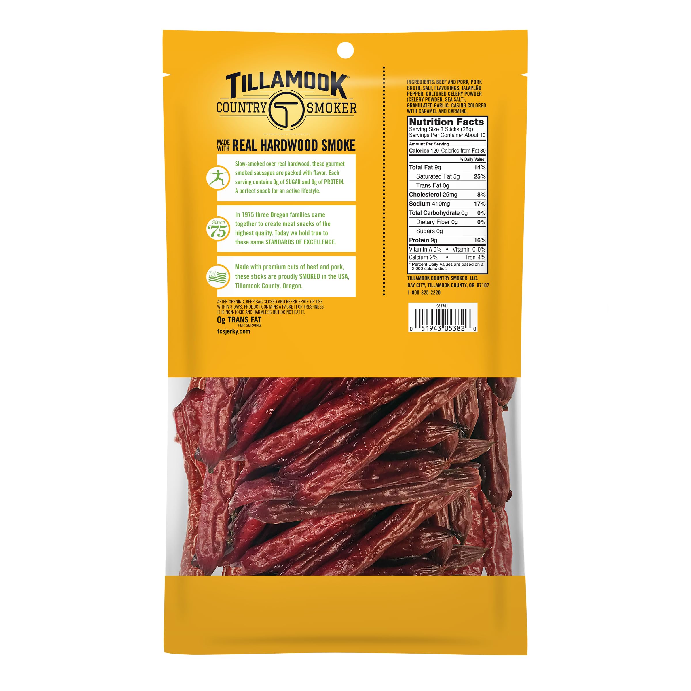 Close-up of Tillamook Spicy Jalapeño meat stick texture for a savory protein bite.