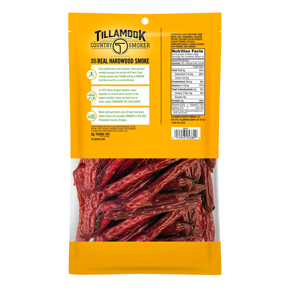 Close-up of Tillamook Spicy Jalapeño meat stick texture for a savory protein bite.