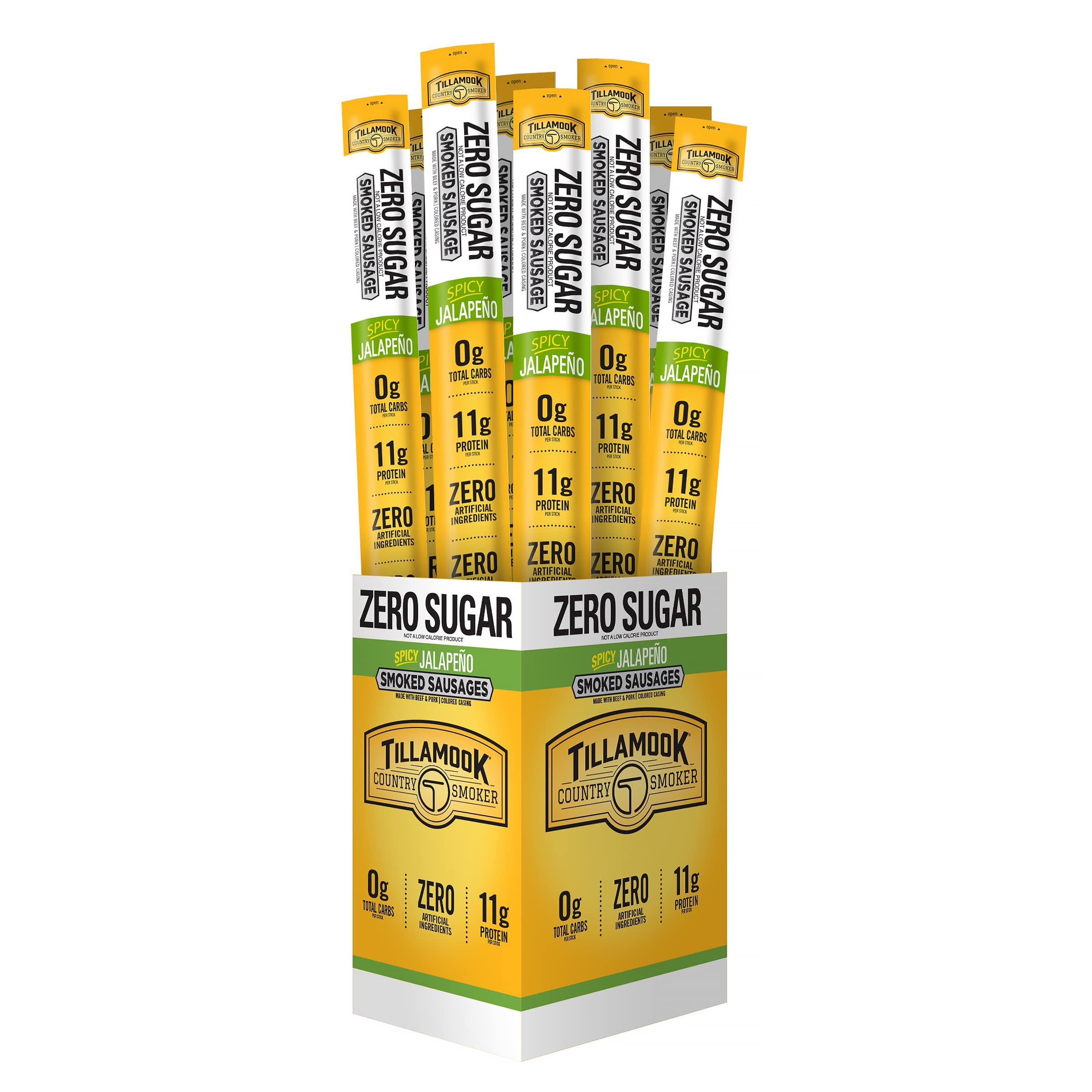 Tillamook Country Smoker spicy jalapeno sausages packaging for bold flavor on demand.