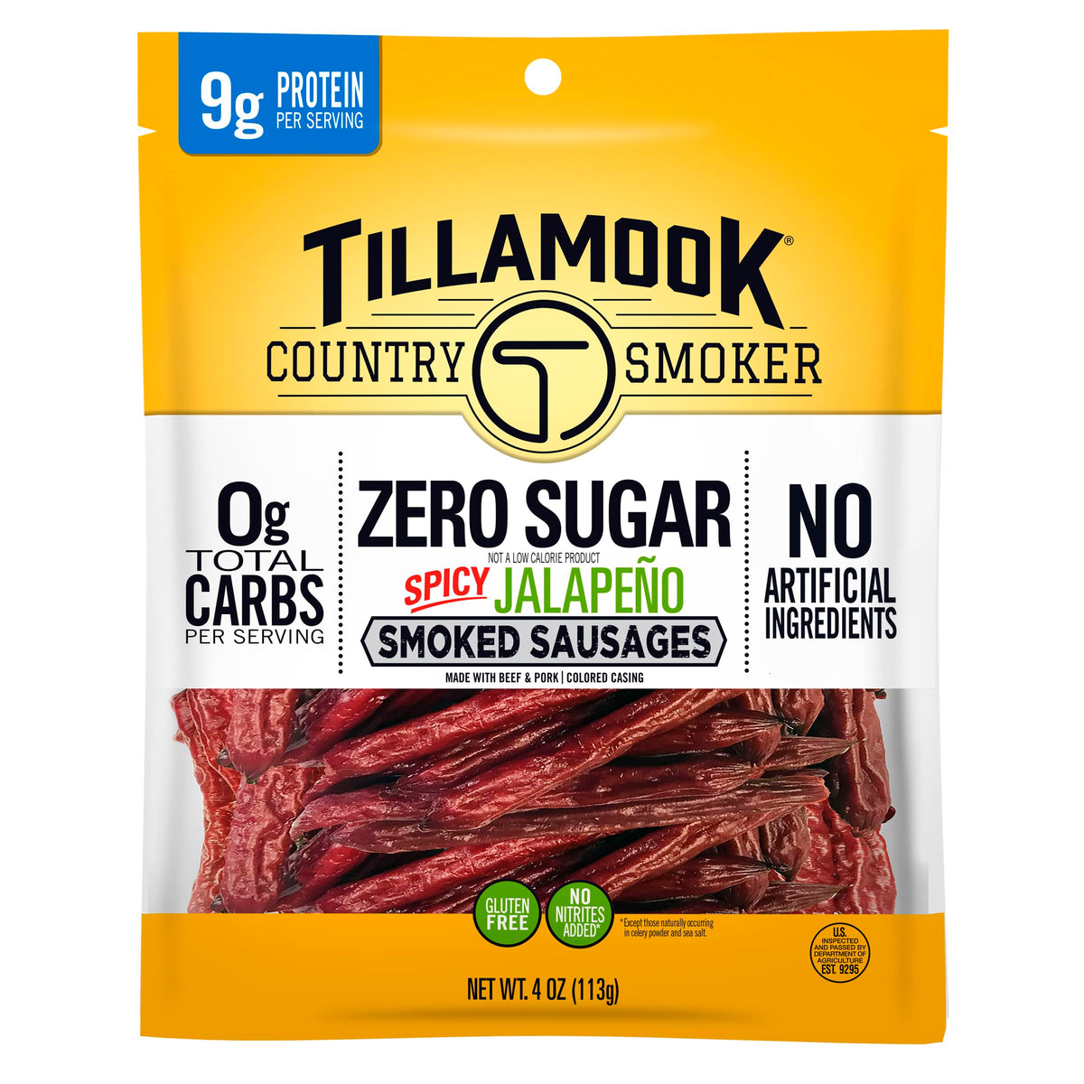 Tillamook Country Smoker Spicy Jalapeño sausage, front-pack view, ready-to-eat keto-friendly snack.