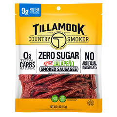 Tillamook Country Smoker Spicy Jalapeño sausage, front-pack view, ready-to-eat keto-friendly snack.