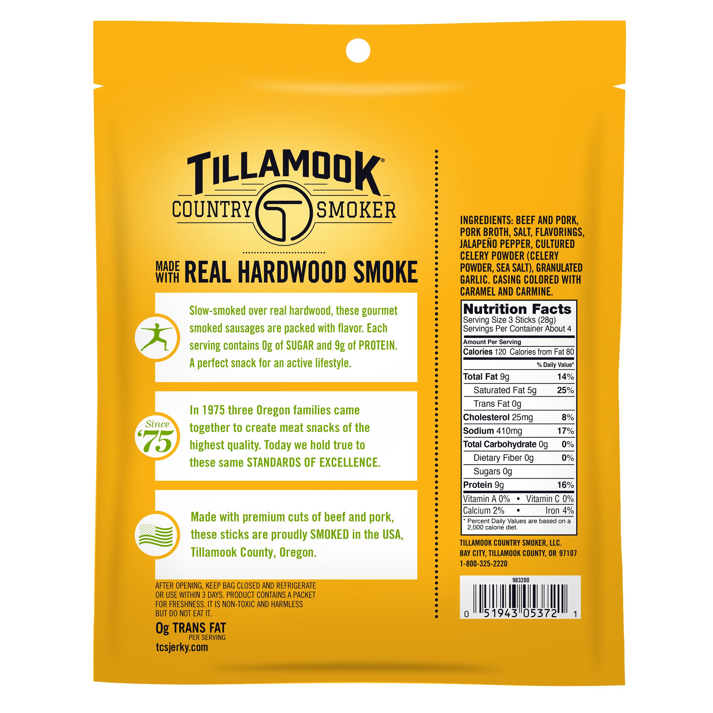 Tillamook Spicy Jalapeño sausage nutrition label showing zero sugar and high protein.