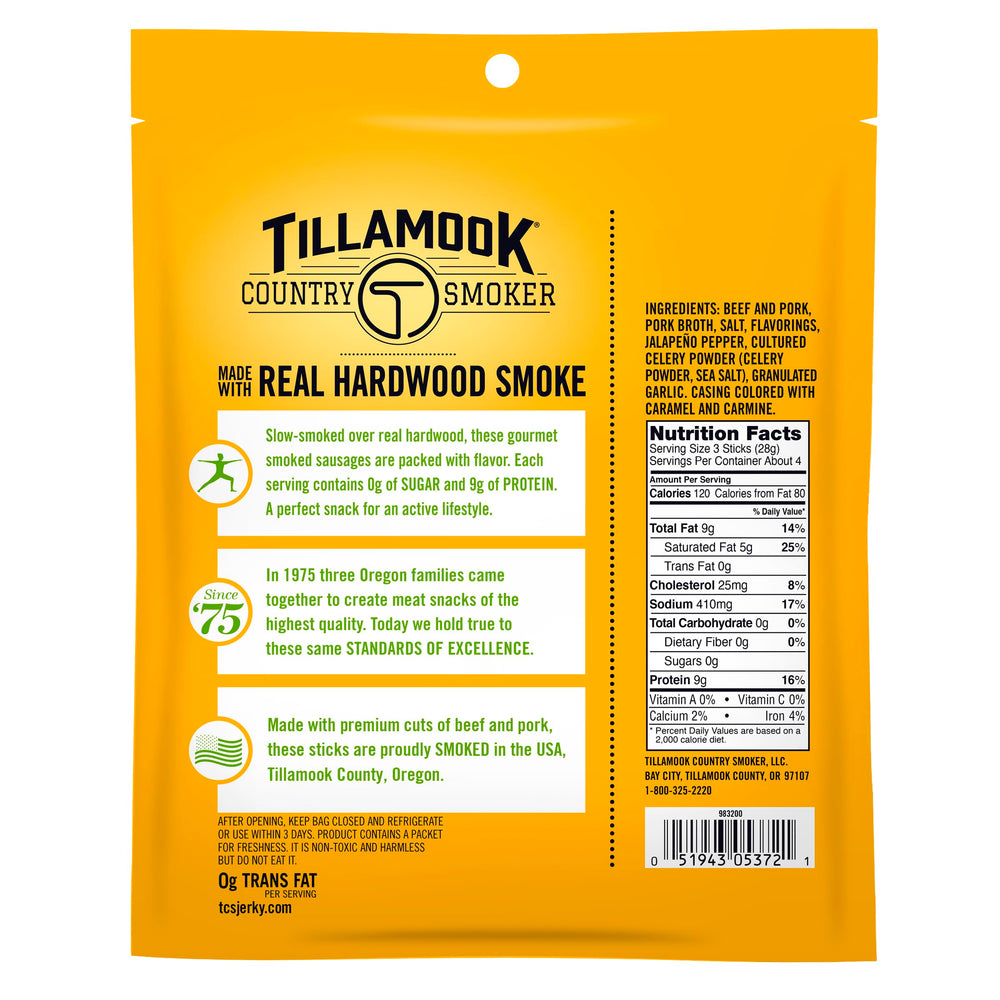 Tillamook Spicy Jalapeño sausage nutrition label showing zero sugar and high protein.