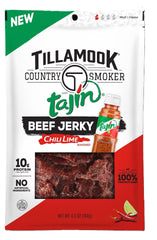 Tillamook Country Smoker Tajin beef jerky pack featuring bold chili lime flavor for portable protein