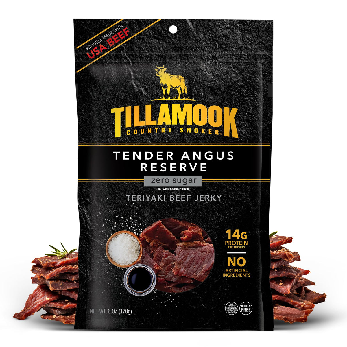 Tillamook Country Smoker Tender Angus Reserve Jerky front pack showing high-protein on-the-go snack