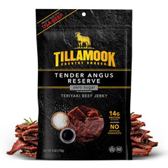 Tillamook Country Smoker Tender Angus Reserve Jerky front pack showing high-protein on-the-go snack