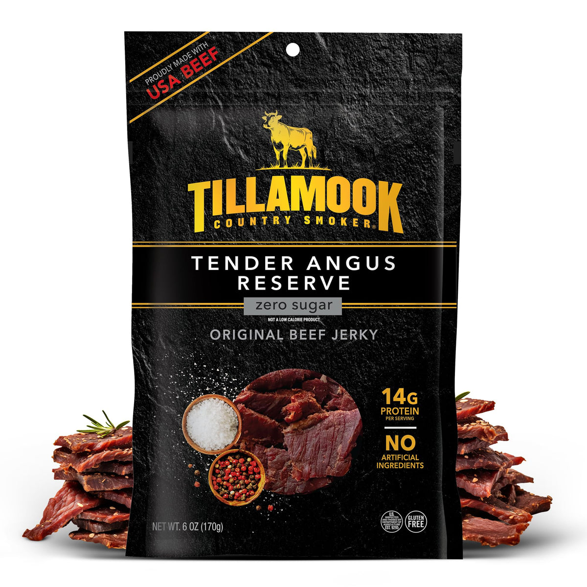 Tillamook Country Smoker Tender Angus Reserve jerky pack — high-protein on-the-go snack.