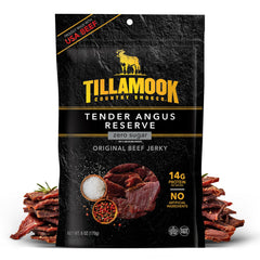 Tillamook Country Smoker Tender Angus Reserve jerky pack — high-protein on-the-go snack.