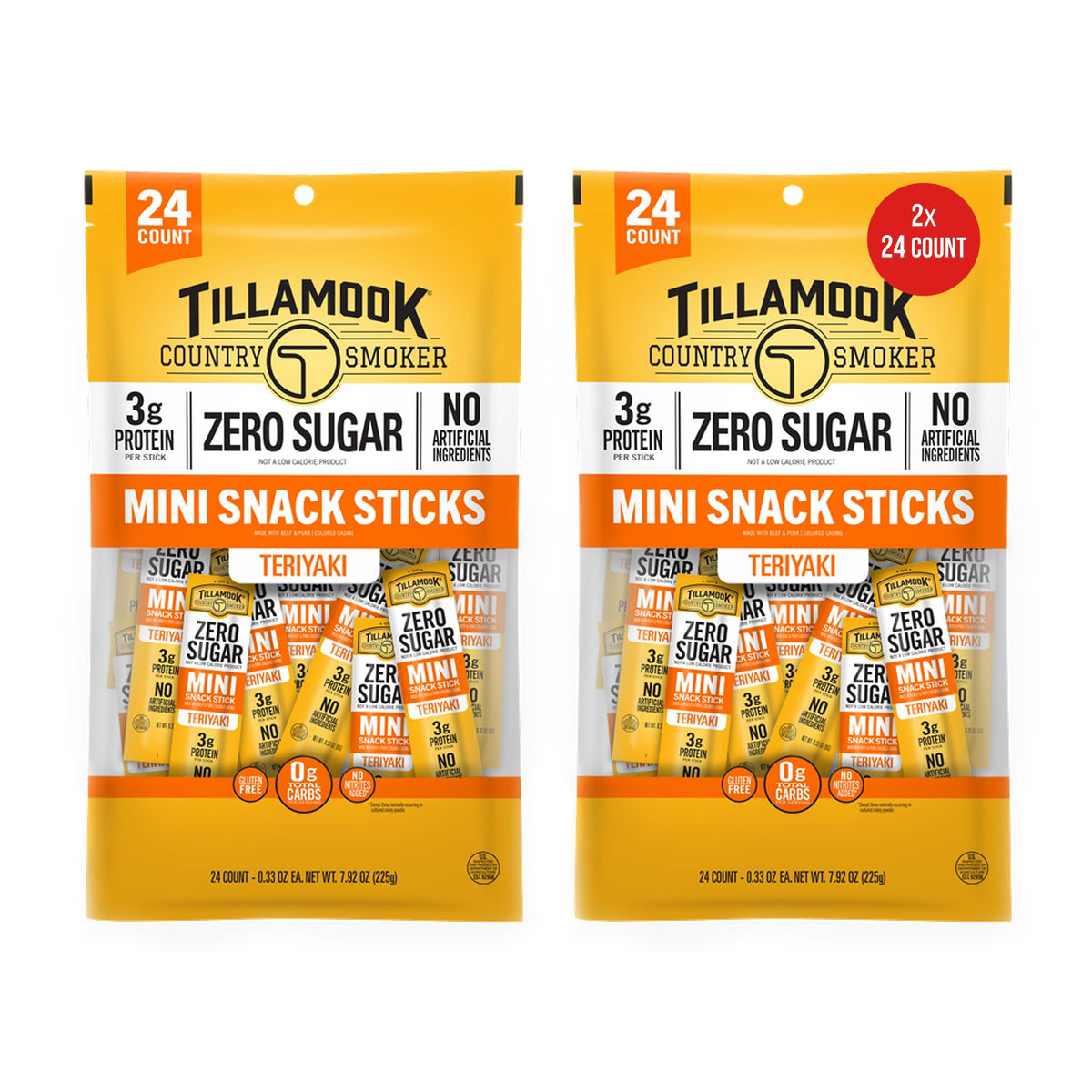 Tillamook Country Smoker Teriyaki mini sausages pack, ideal for on-the-go lunches.