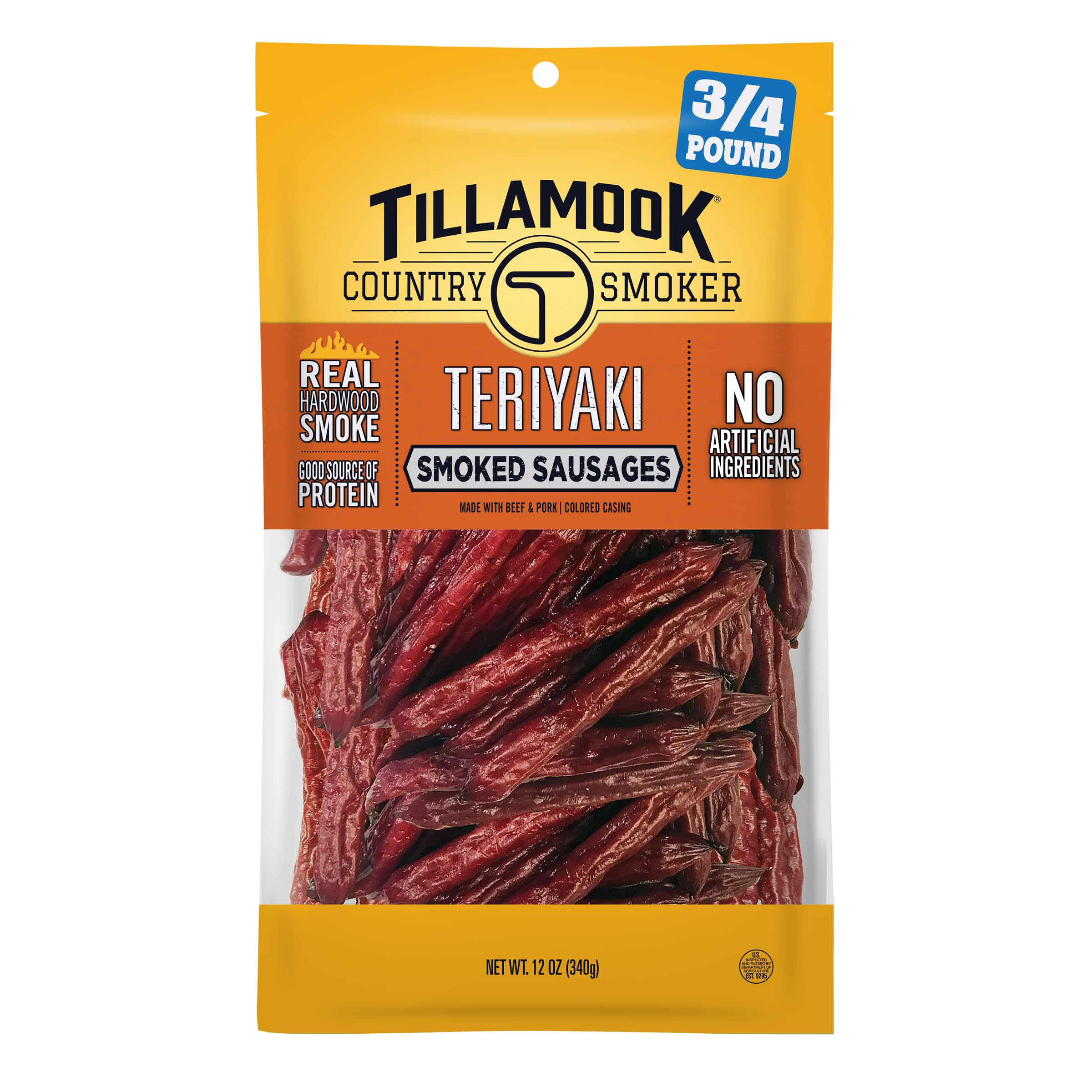 Tillamook Country Smoker Teriyaki sausages packaging with bold glaze, perfect travel snack.