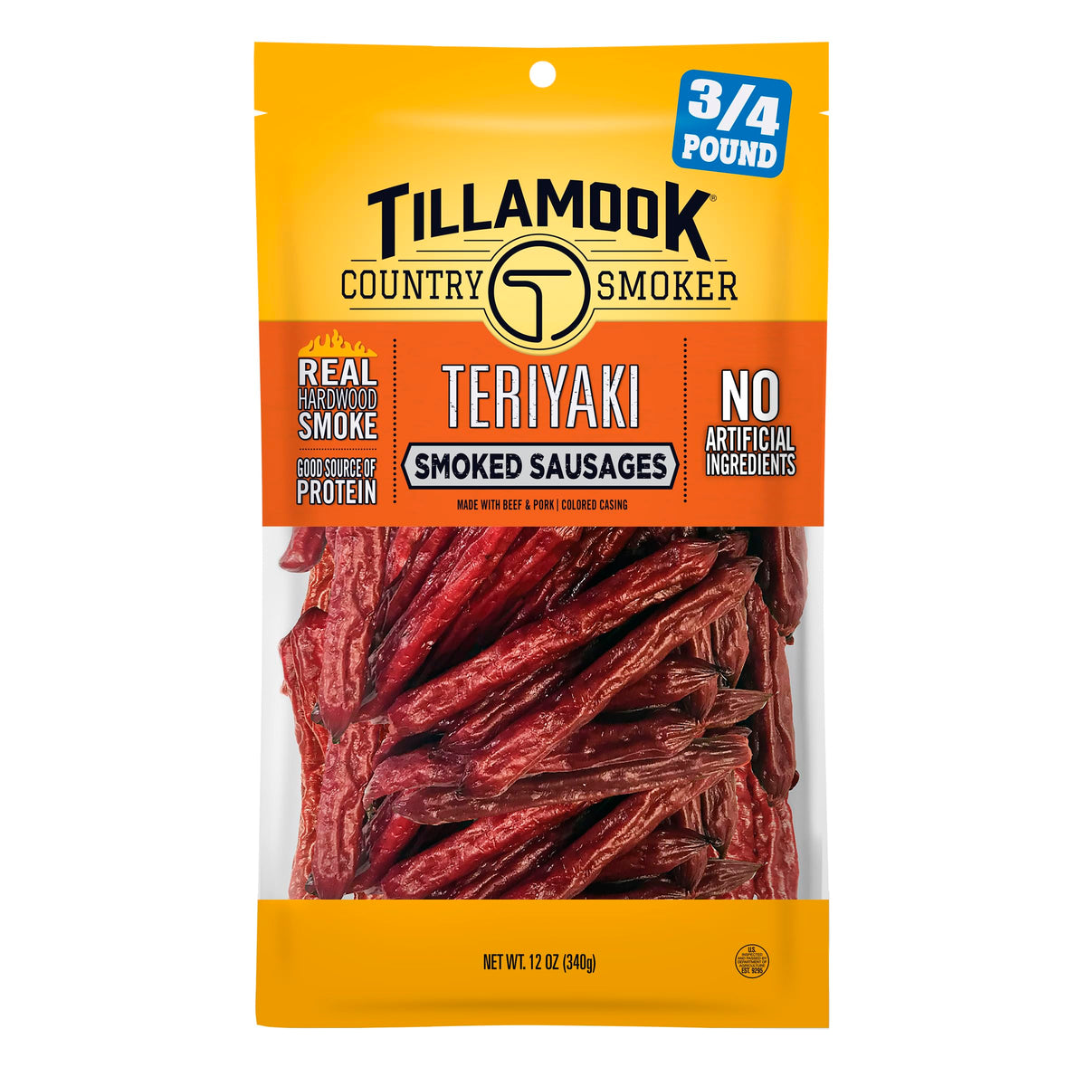 Tillamook Country Smoker Teriyaki sausages packaging with bold glaze, perfect travel snack.
