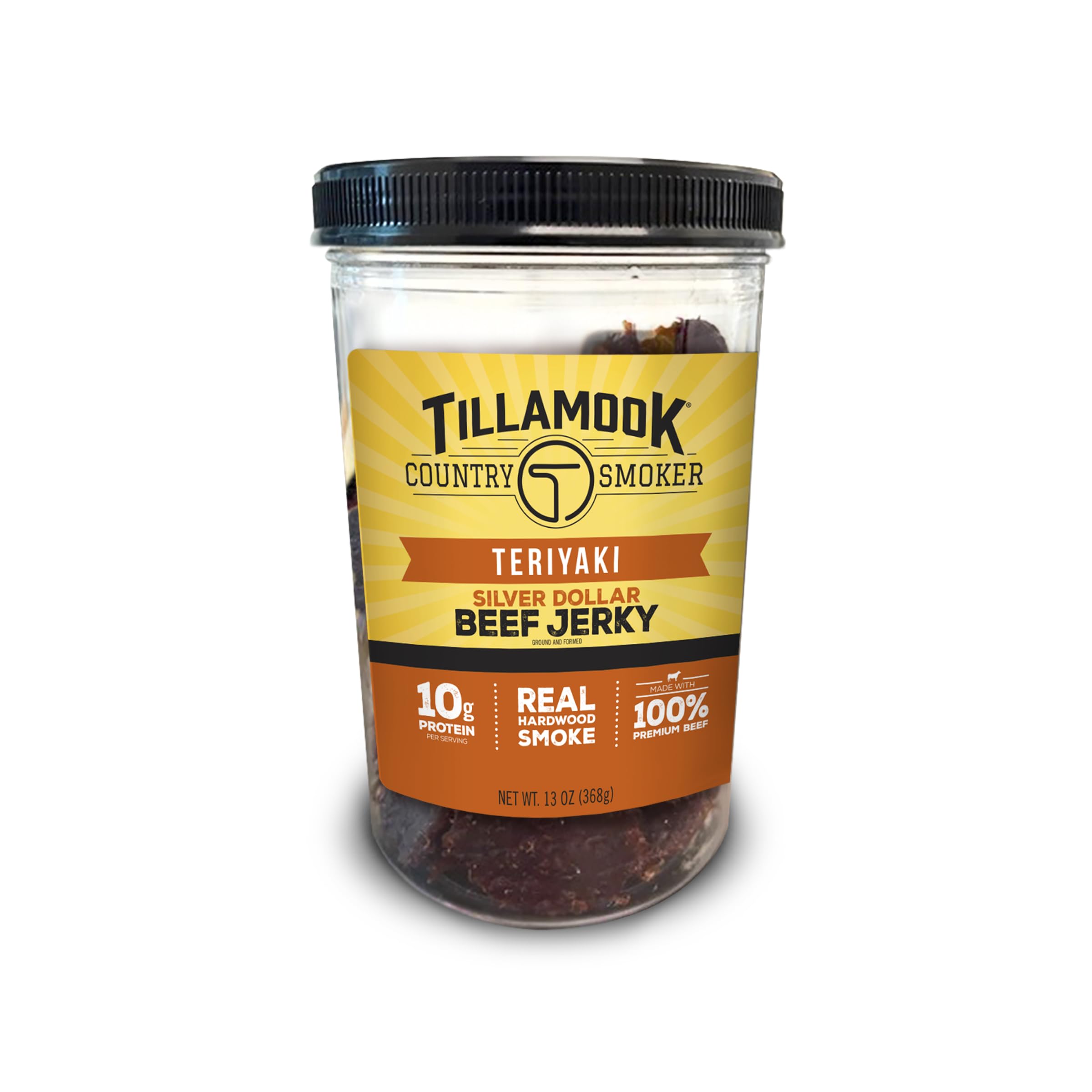 Tillamook Country Smoker Teriyaki Silver Dollar Jerky in a resealable jar for on-the-go flavor.