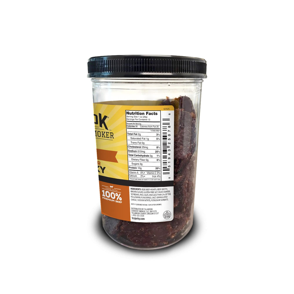 Tillamook Country Smoker Teriyaki Silver Dollar Jerky jar closeup.