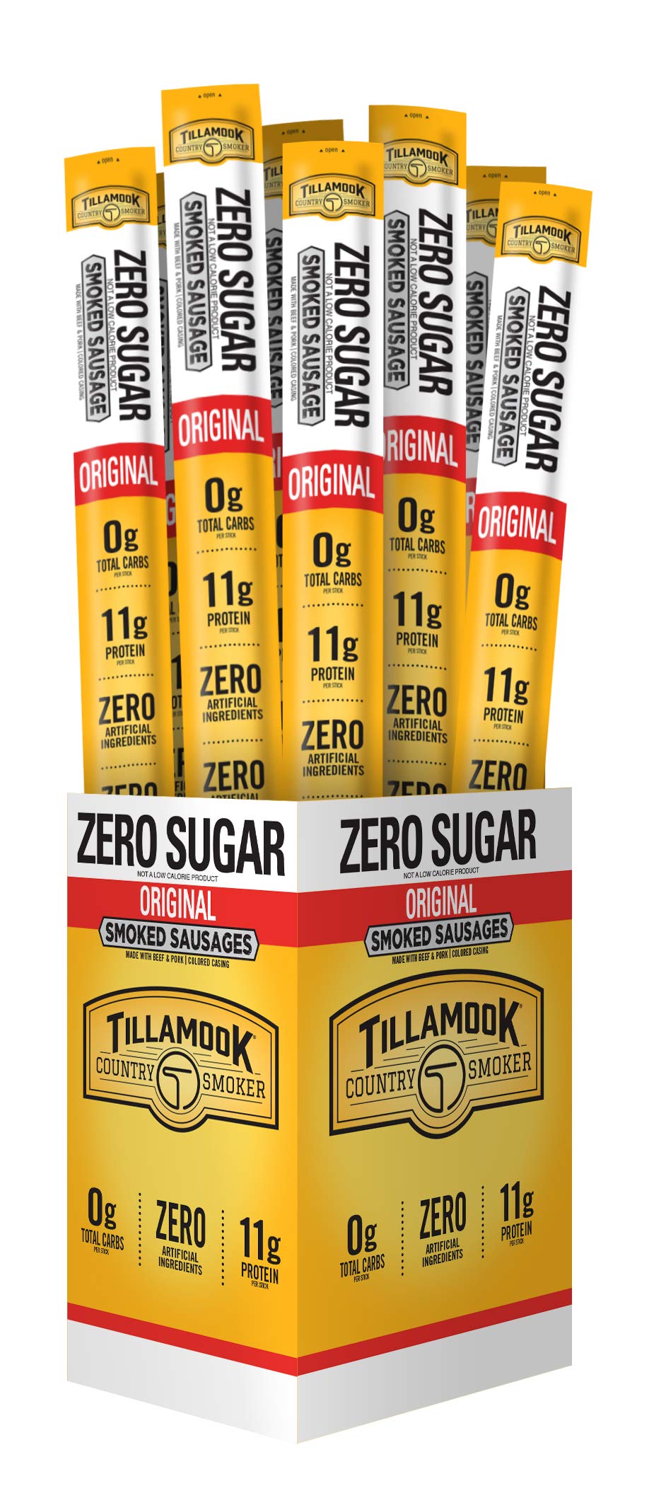 Tillamook Country Smoker zero sugar original sausage stick packaging showcases a protein-packed snack.