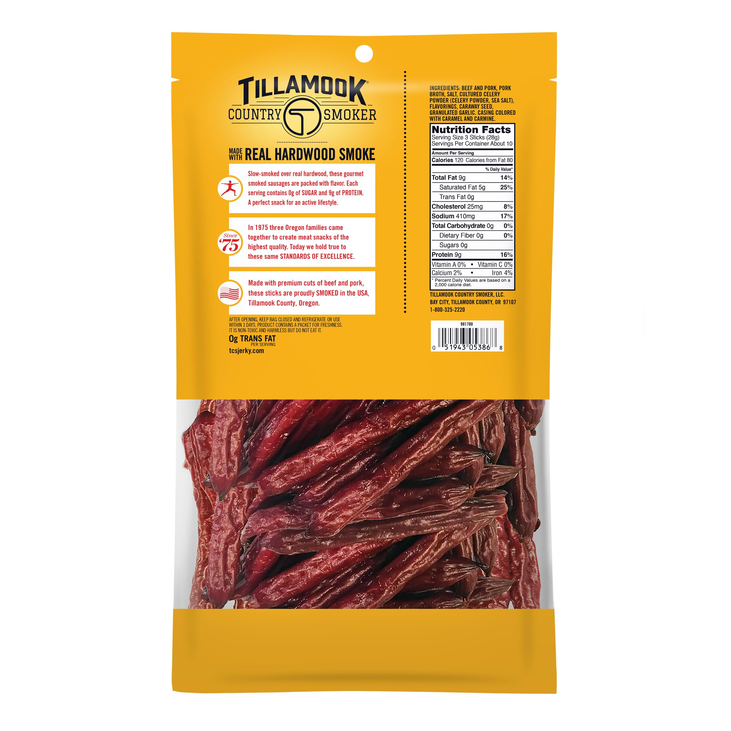 Tillamook Country Smoker Zero Sugar Sausages labeling visible, health-conscious choice.