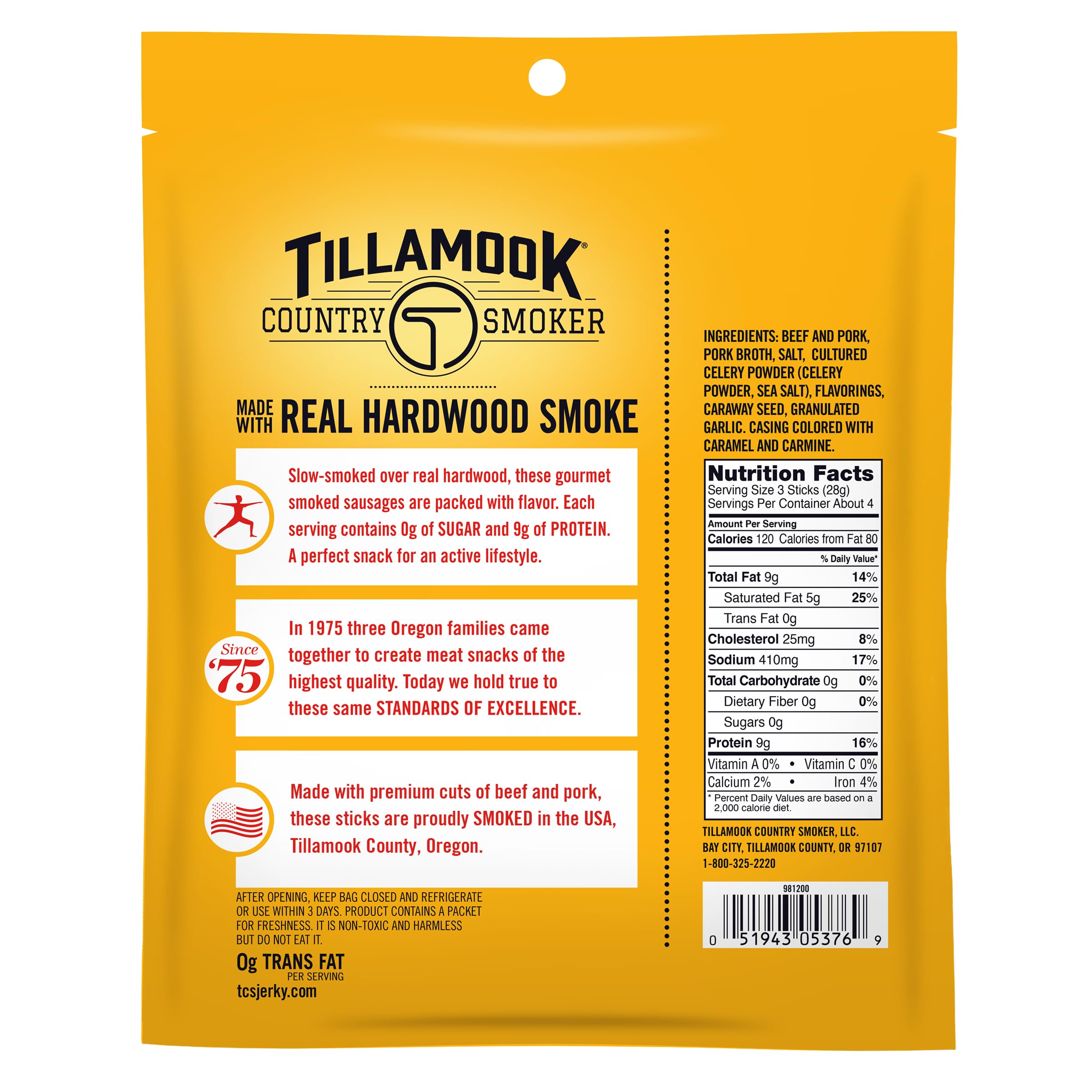 Tillamook Country Smoker zero sugar original sausages pack 2 back view – clear ingredients and packaging.