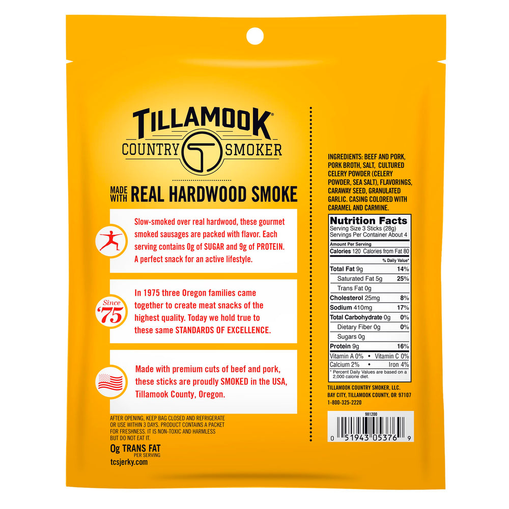 Tillamook Country Smoker zero sugar original sausages pack 2 back view – clear ingredients and packaging.