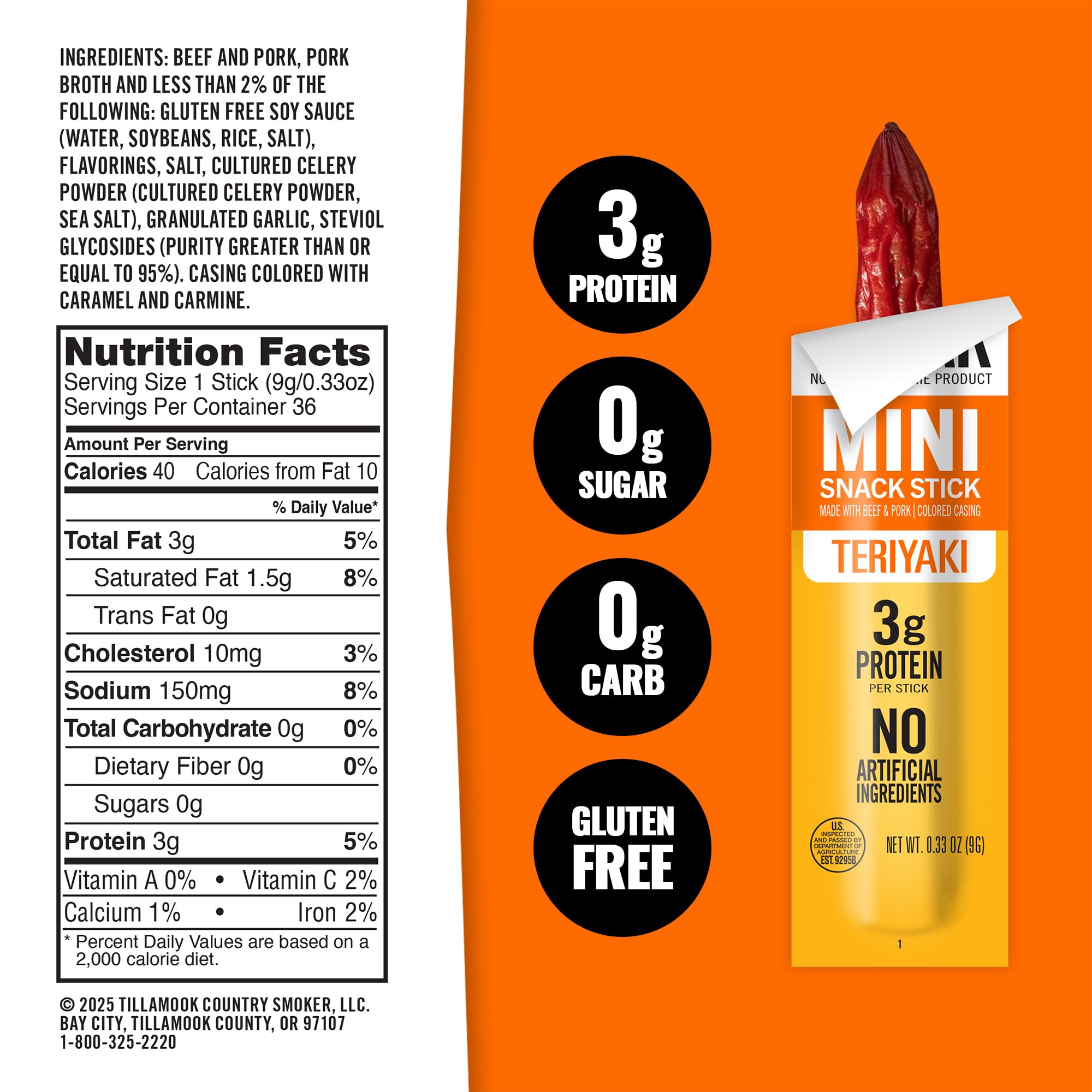 Tillamook Zero Sugar Teriyaki mini sausages wrapped for mess-free snacking.