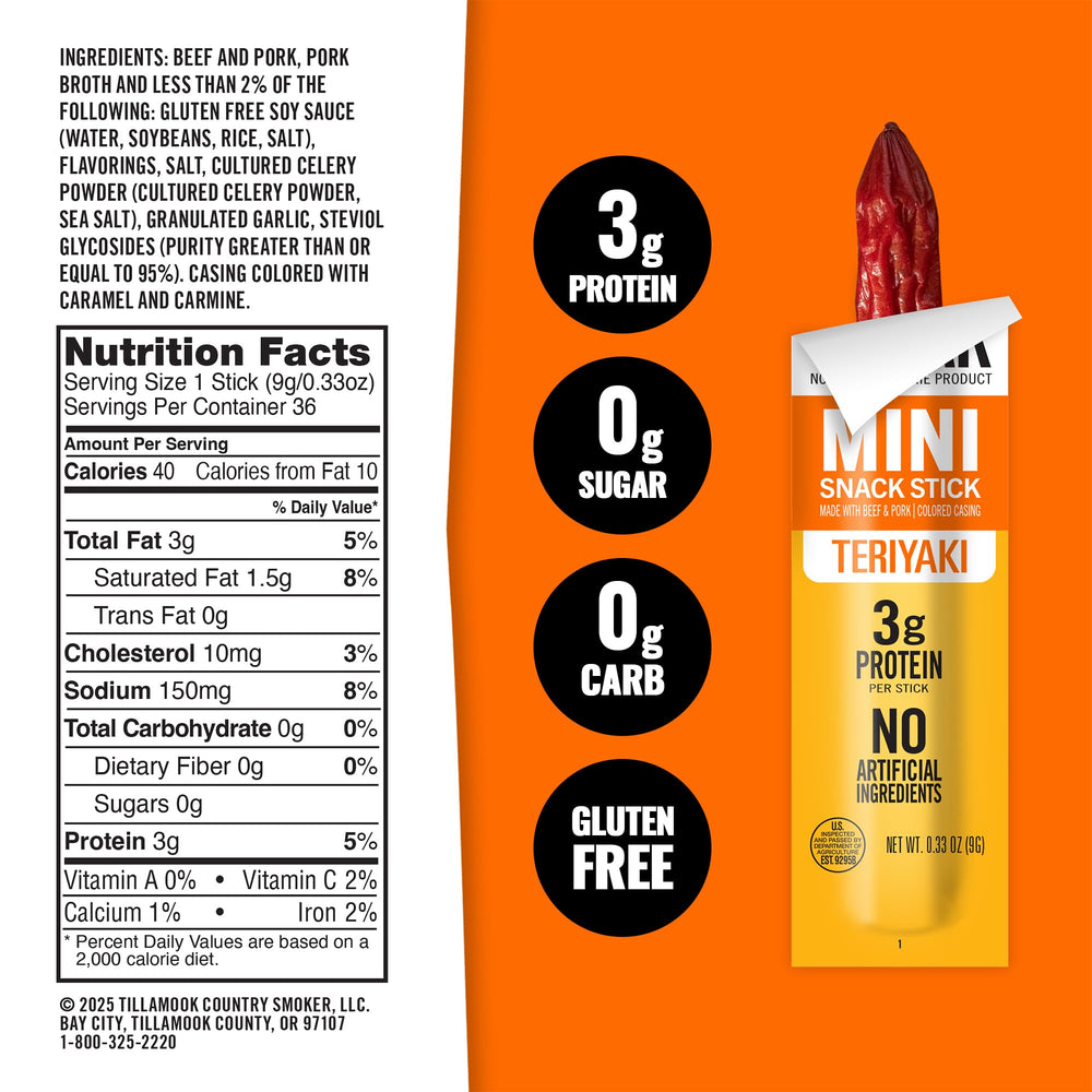 Tillamook Zero Sugar Teriyaki mini sausages wrapped for mess-free snacking.