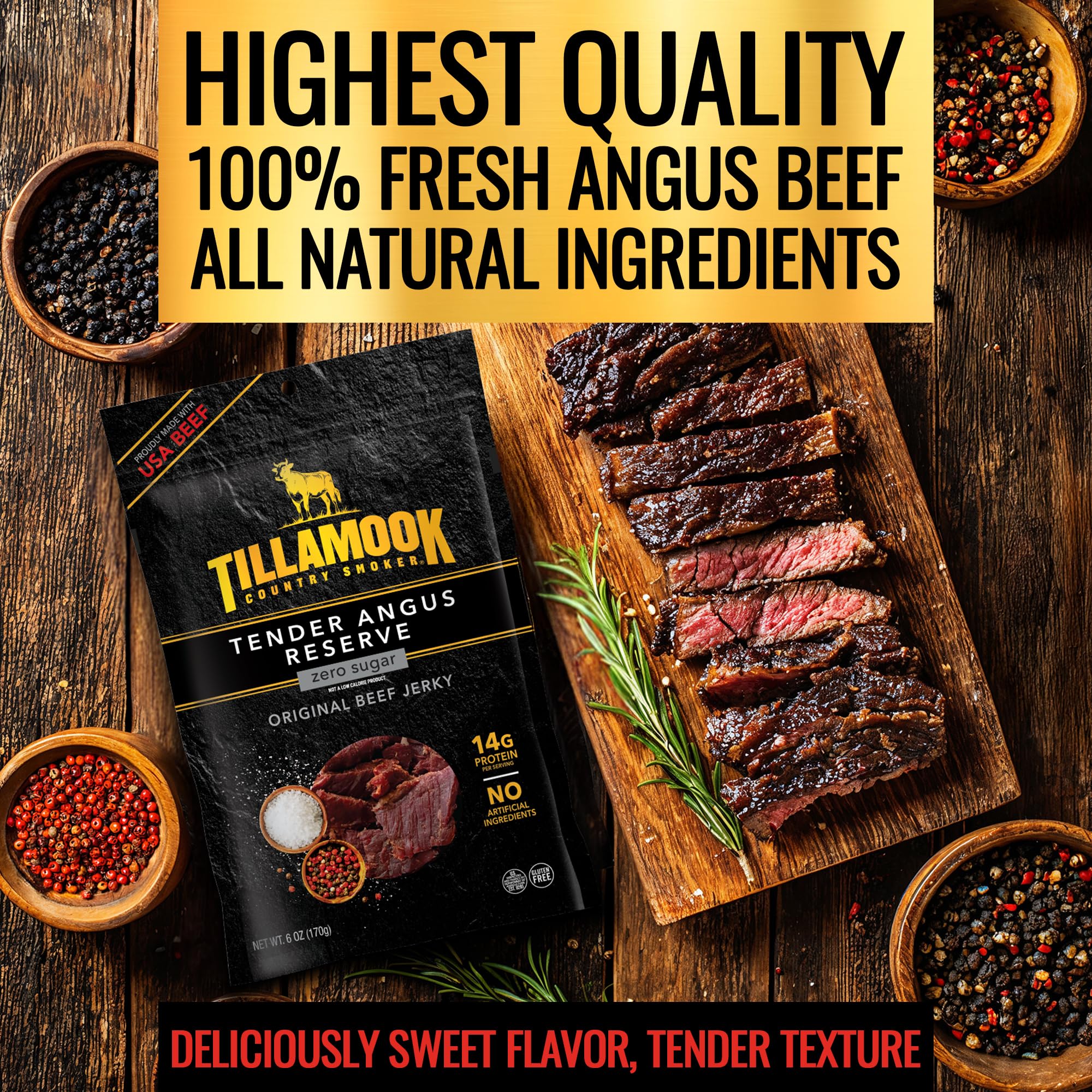 Tillamook Tender Angus Reserve jerky close-up — hardwood-smoked tenderness and aroma.
