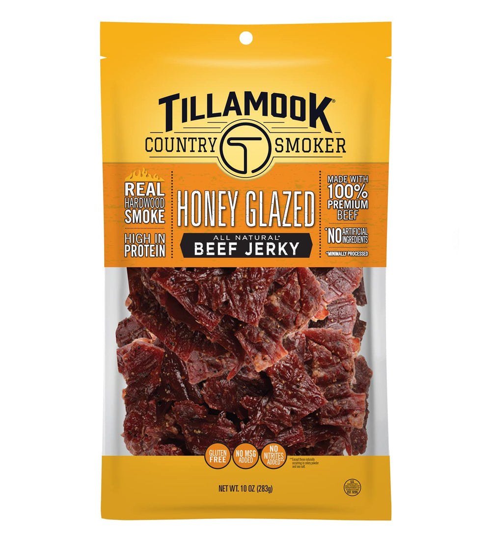 Tillamook Honey Glazed Beef Jerky Pack shows premium beef for a protein-rich snack.