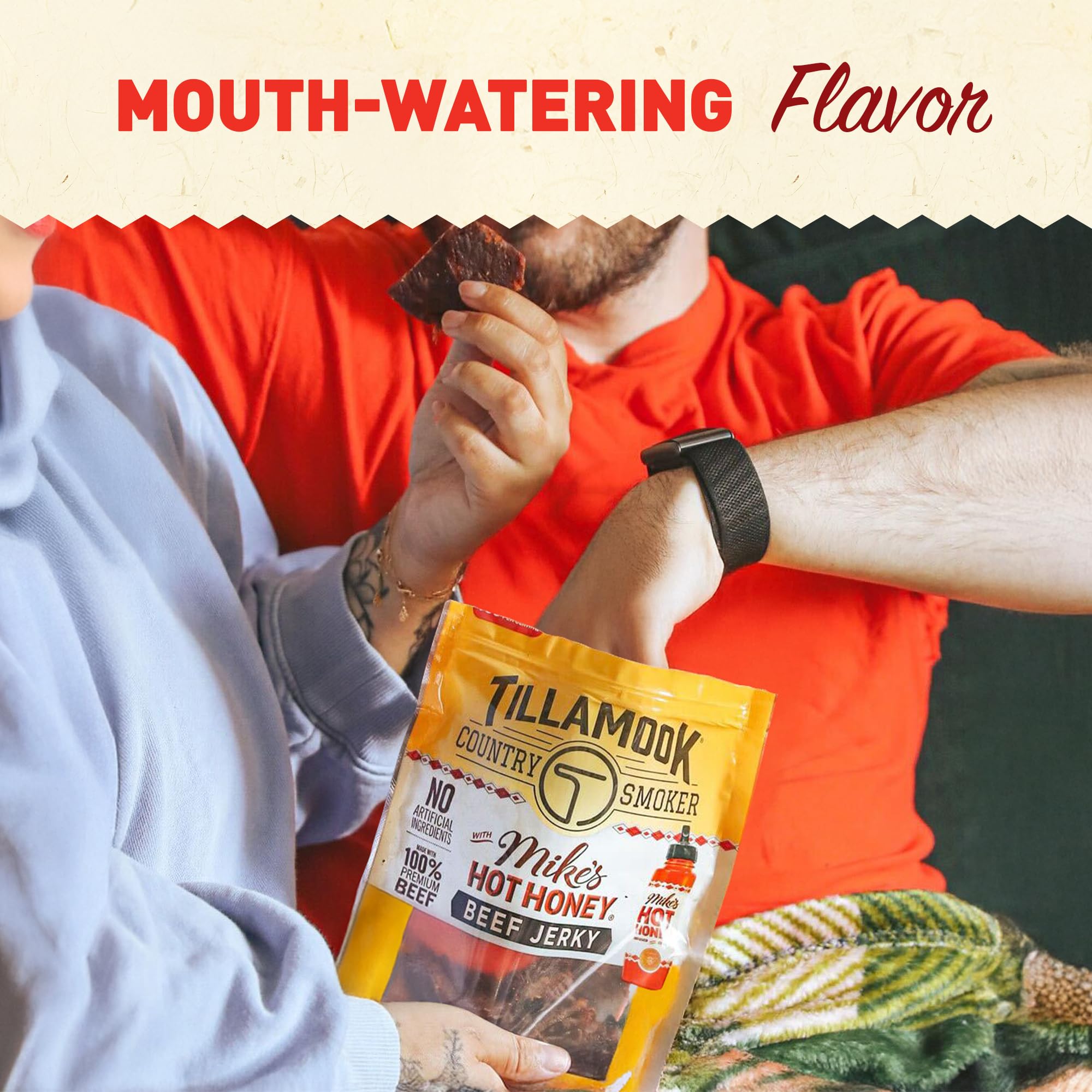 Tillamook hot-honey-glaze jerky bite captures sweet-spicy profile in every chew.