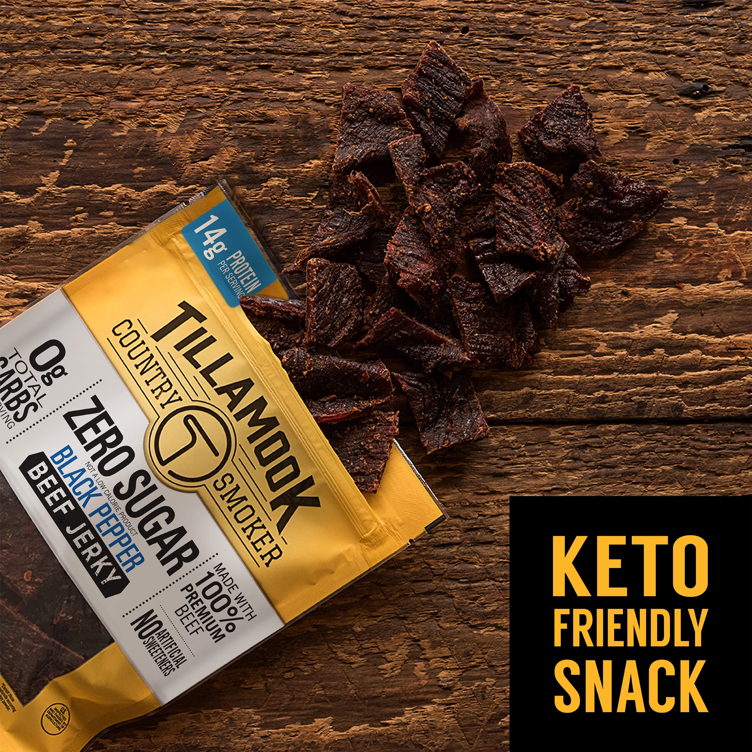 Tillamook Jerky nutrition facts label emphasizing protein and zero sugar