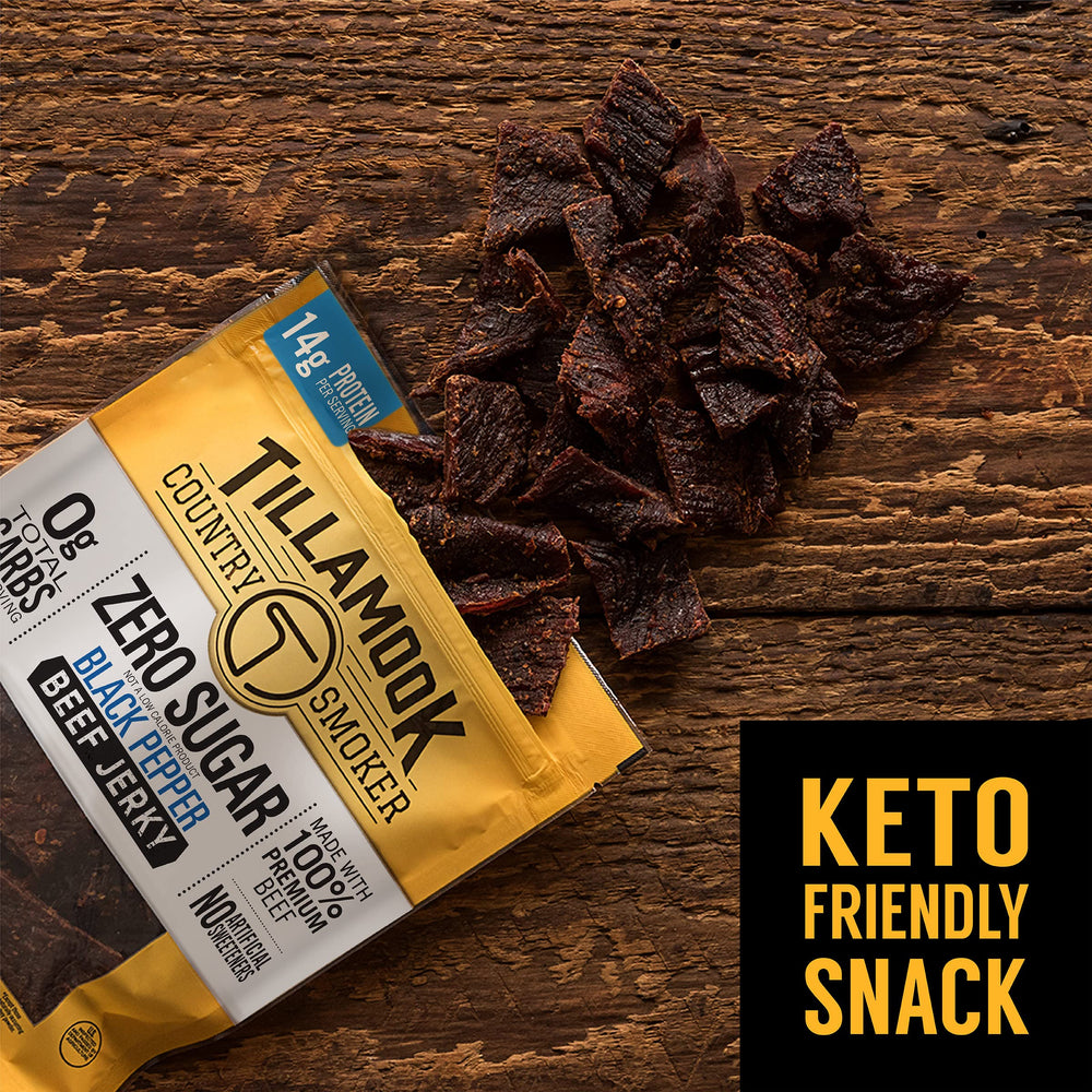 Tillamook Jerky nutrition facts label emphasizing protein and zero sugar