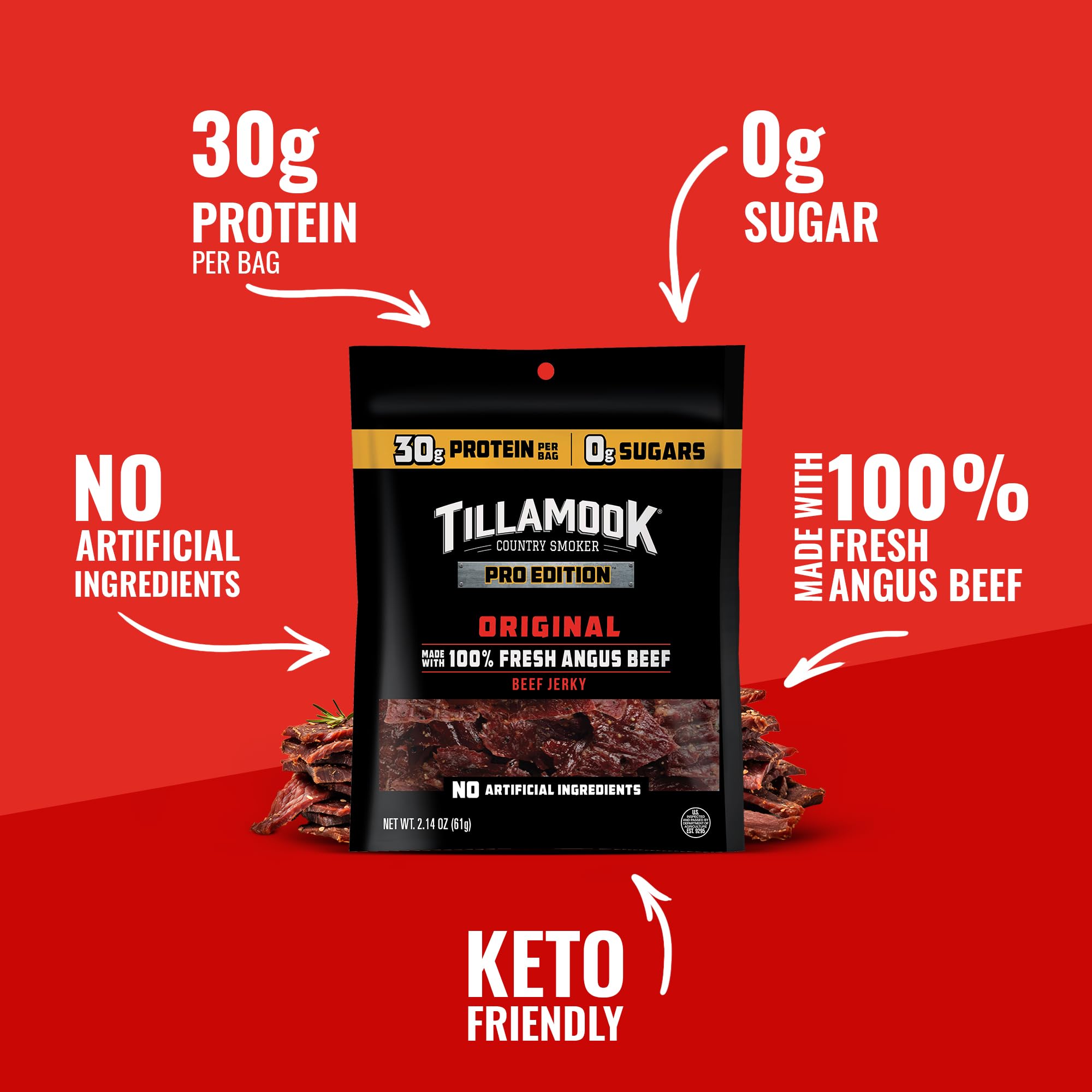 Tillamook keto-friendly zero-sugar jerky, low-carb option.