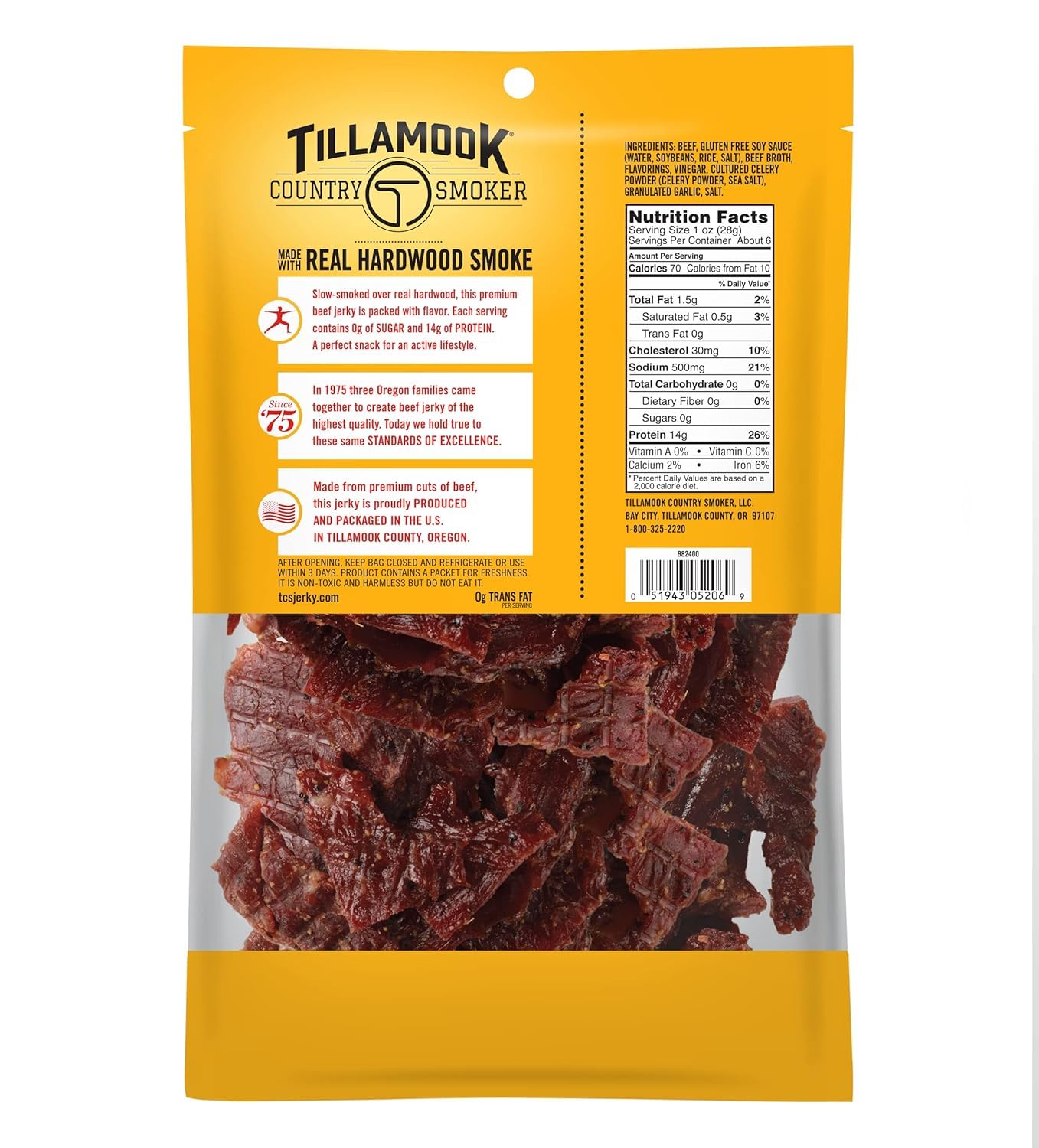 Tillamook Keto Zero Sugar Original Beef Jerky close-up of smoked jerky strips.