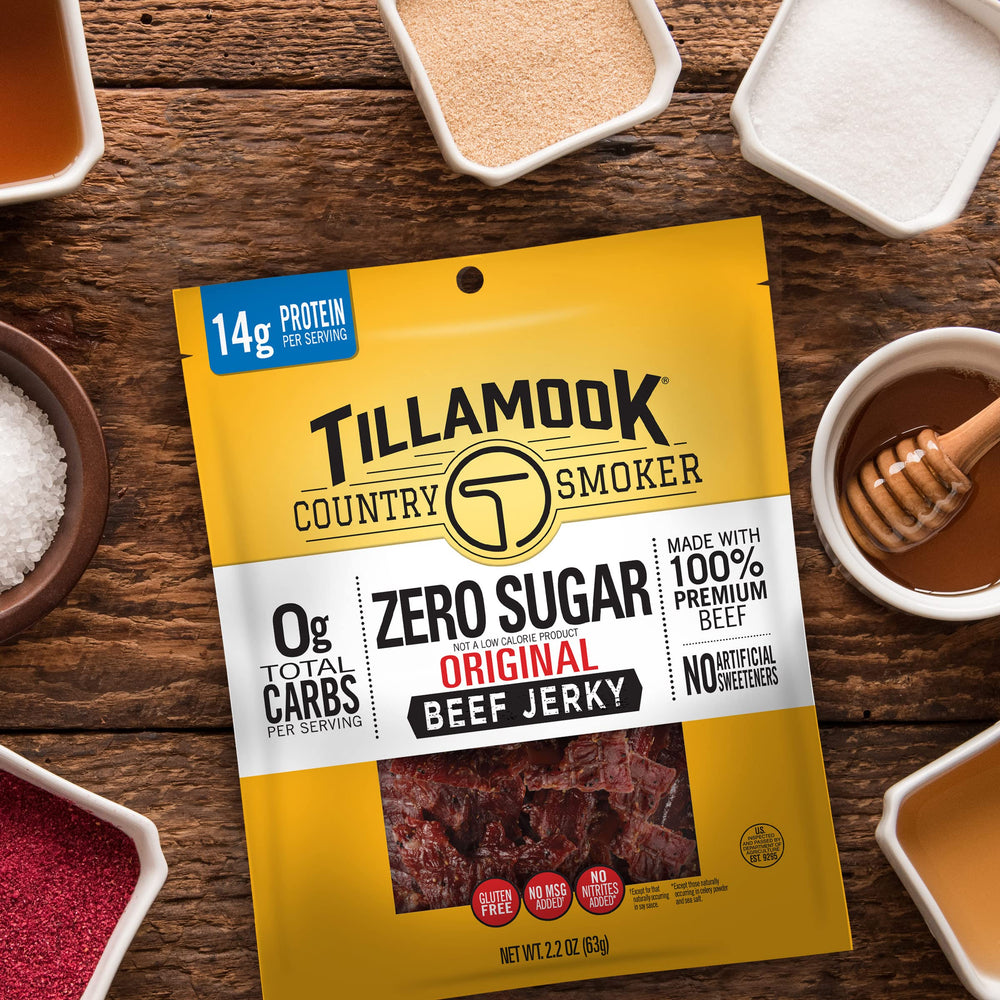 Tillamook Keto Zero Sugar Original Beef Jerky takealong snack for busy days.