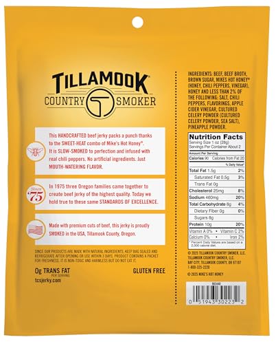 Tillamook Mike’s Hot Honey beef jerky close-up shows glossy glaze and premium marbling.